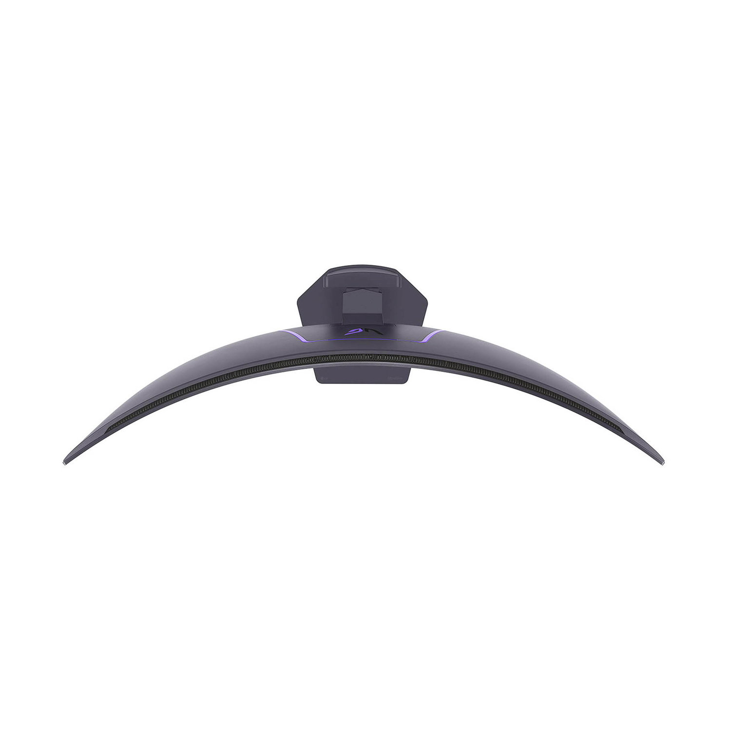 Monitor curvo per computer, grigio scuro con accenti viola, su sfondo bianco. Vista dall'alto, che mostra il display curvo.