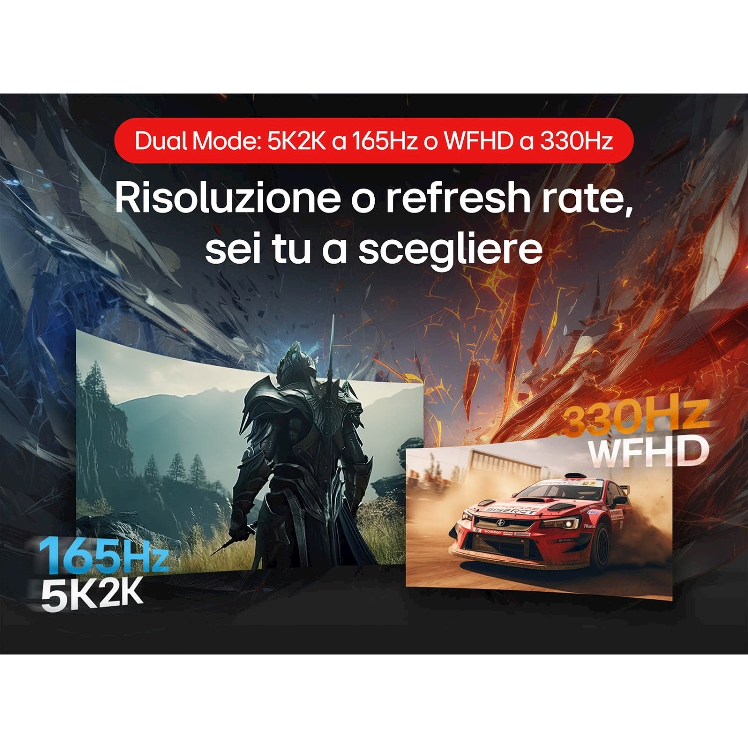 L'immagine mostra un monitor con due display. Uno con un cavaliere, l'altro con un'auto da rally rossa. Testo: Modalità duale, 5K2K a 165Hz o WFHD a 330Hz.