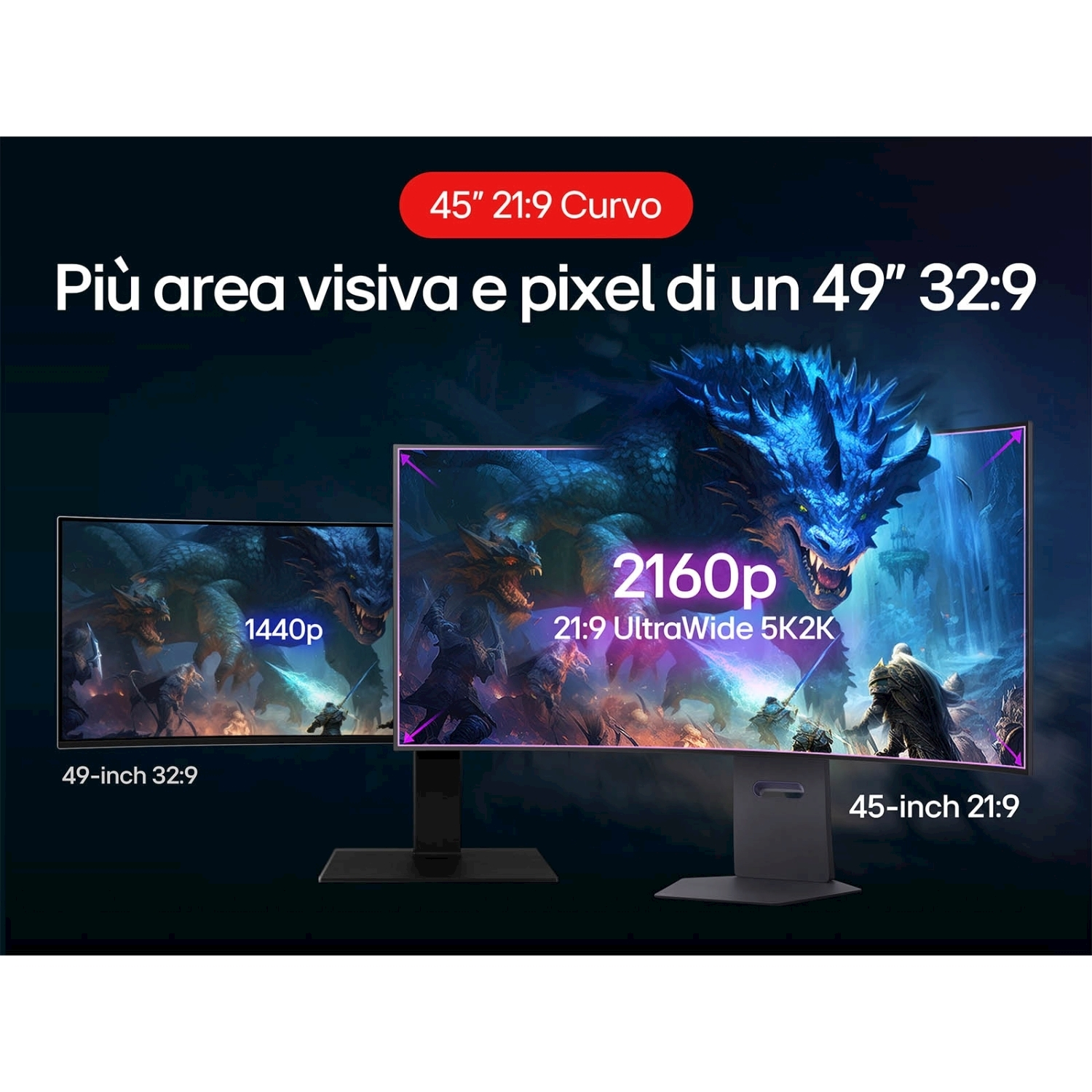 L'immagine mostra due monitor. Quello a sinistra è da 49 pollici e quello a destra da 45. Entrambi mostrano scene di gioco con risoluzioni diverse.
