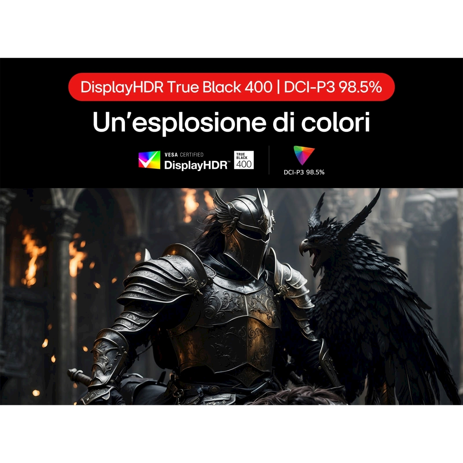 Un cavaliere con un'armatura nera è accanto a un grifone nero. Scintille e fiamme illuminano lo sfondo. Testo: Un'esplosione di colori.