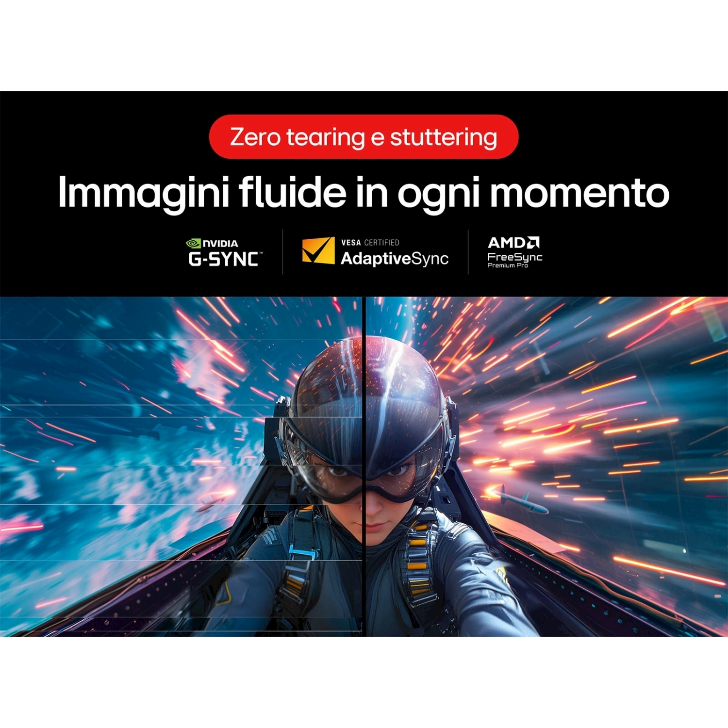 Una persona con elmetto e tuta di volo è in un abitacolo. L'immagine mostra un jet e testo sulla tecnologia dello schermo.
