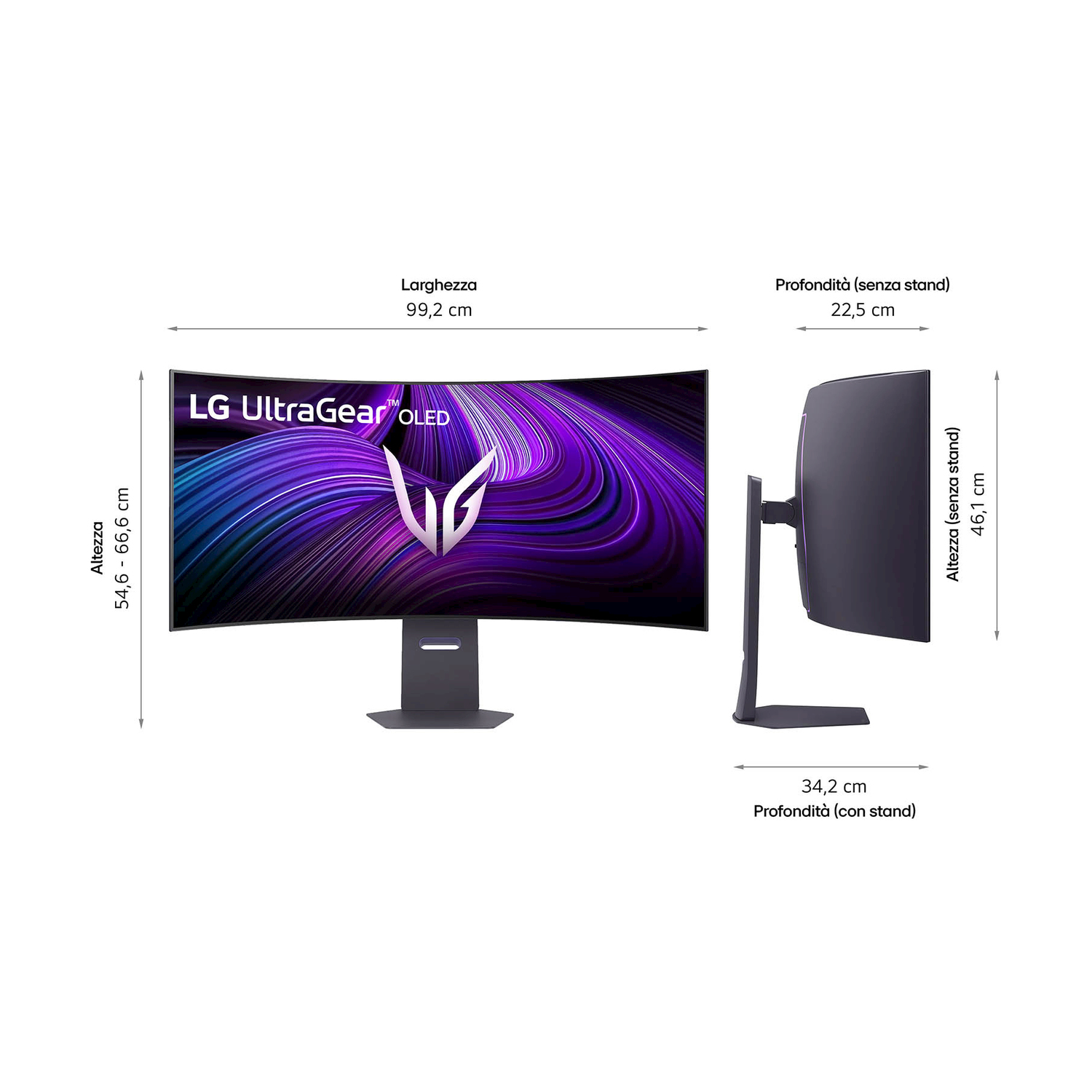Monitor LG UltraGear OLED. Schermo curvo con design viola e bianco. Dimensioni: larghezza 99,2 cm, altezza 54,6-66,6 cm.