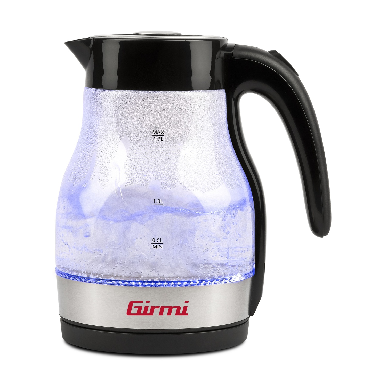 Un bollitore elettrico in vetro trasparente con manico e parte superiore neri. Il bollitore ha illuminazione a LED blu e il marchio 'Girmi'.