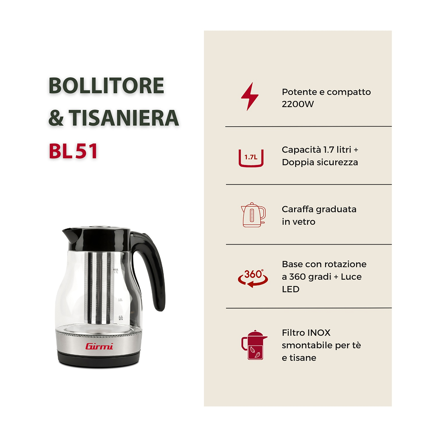 Un bollitore elettrico in vetro trasparente con manico nero e base in acciaio inox. Il testo laterale dice 'Girmi' e 'BL51'.