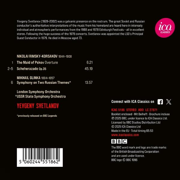 Albumcover mit Text über Jewgeni Swetlanow, mit Titellisten und dem ICA Classics Logo sowie dem BBC Logo.