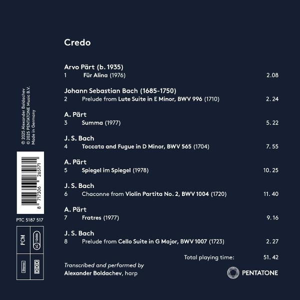 Albumcover mit Titelliste klassischer Musik. Enthält Komponisten- und Stücknamen. Mit Barcode und Pentatone-Logo.