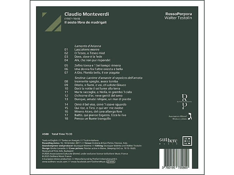 Thumbnail - Walter Rossoporpora Ensemble/testolin - Monteverdi: Il sesto libro de madrigali (CD)