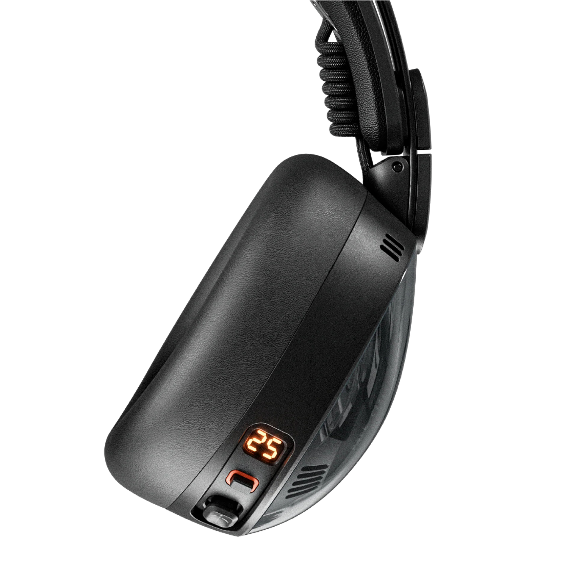 Schwarzes Gaming-Headset mit orangefarbener Digitalanzeige, die die Zahl 25 anzeigt, vor weißem Hintergrund.