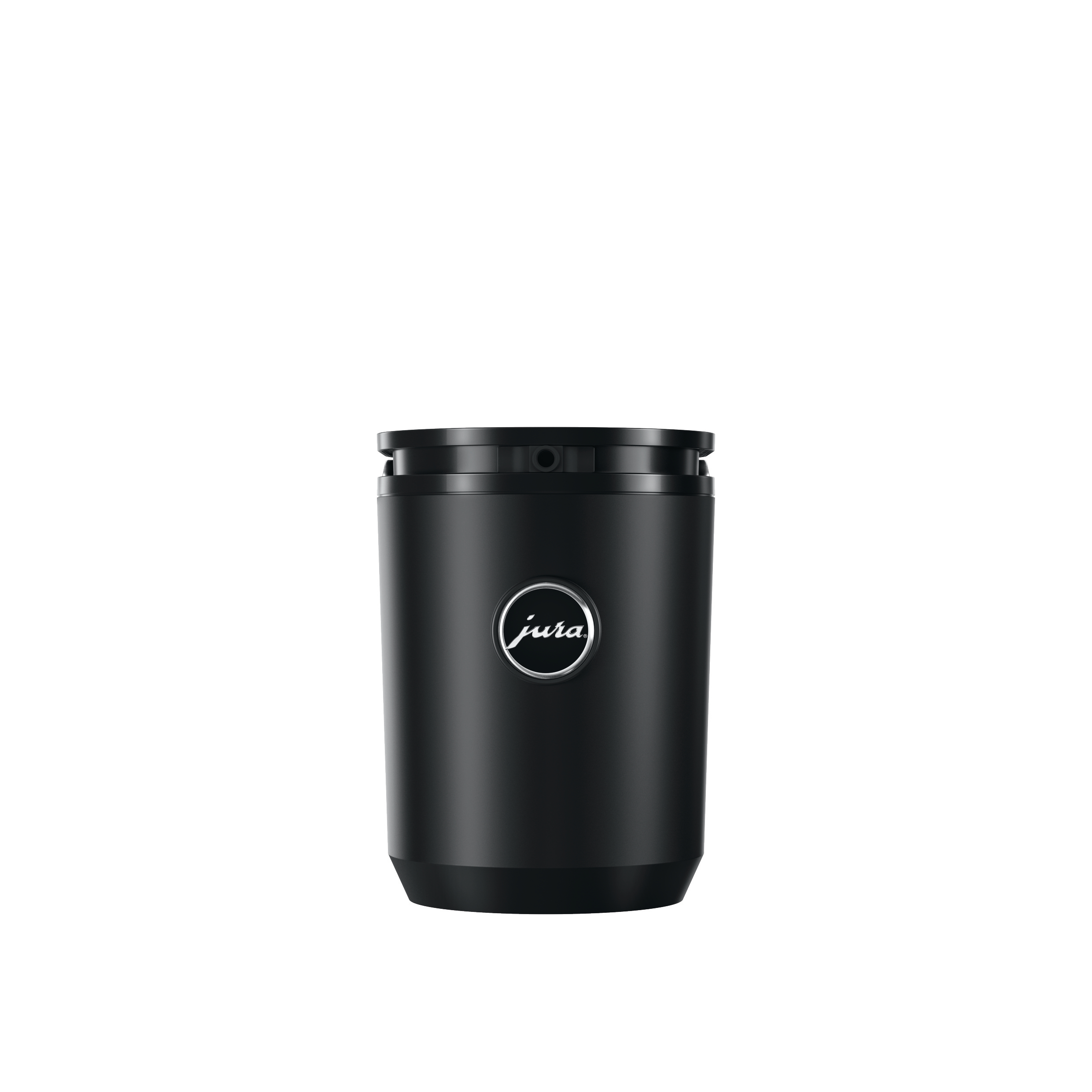 Ein schwarzes Jura-Kaffeezubehör auf weißem Hintergrund. Es hat ein rundes Jura-Logo auf der Vorderseite.