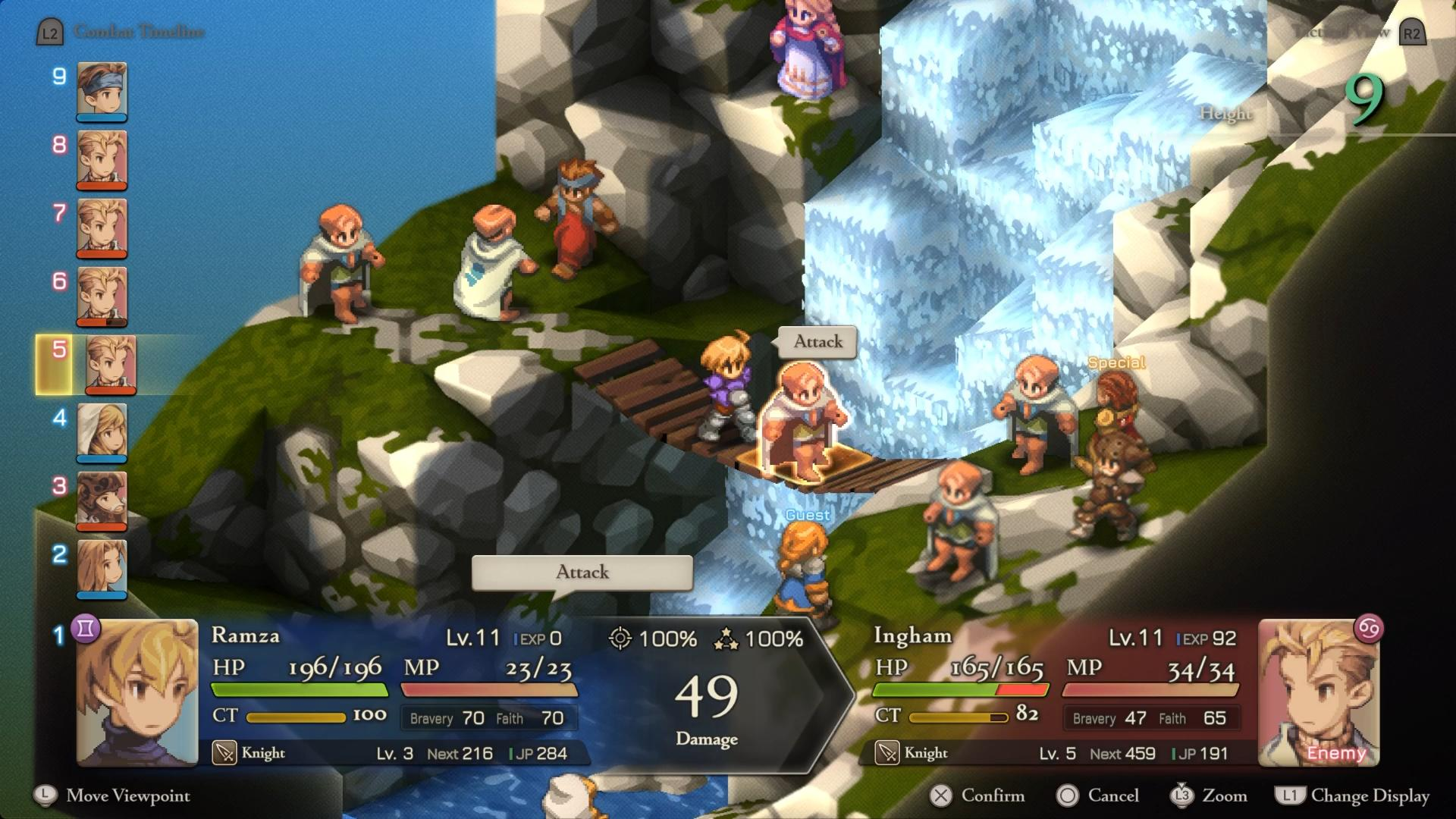 Taktische RPG-Szene mit Charakteren auf einer Brücke; Berge und Wasser im Hintergrund; Kampf-Interface sichtbar.