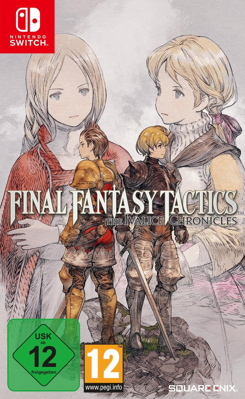Cover-Art für Final Fantasy Tactics. Zwei gepanzerte Figuren stehen vor zwei skizzierten weiblichen Figuren, mit Spieltitel und Bewertung Logos.