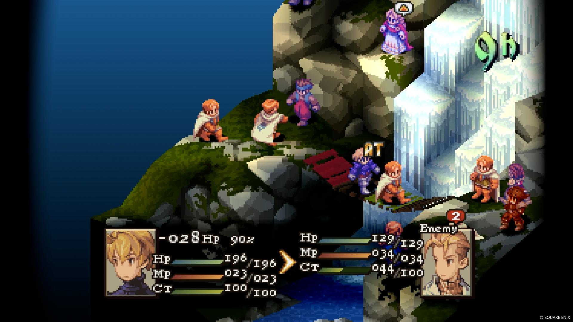 Eine Final Fantasy Tactics Kampfszene. Charaktere auf felsigem Gelände, Wasserfälle und eine Brücke. Zwei Charakterporträts sind unten sichtbar.