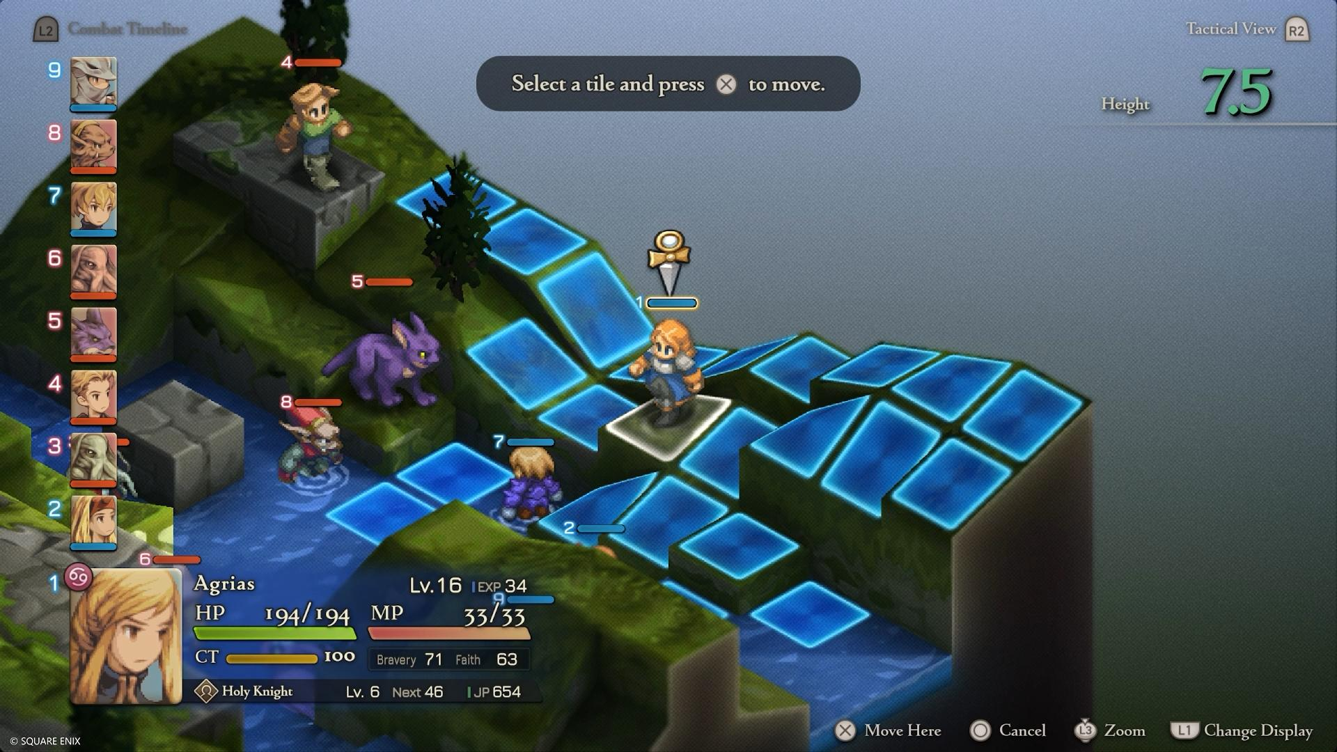 Eine taktische RPG-Szene. Charaktere in einer rasterbasierten Umgebung. Ein Charakter ist ausgewählt und bereit, sich zu bewegen. Andere Charaktere und Feinde sind positioniert.