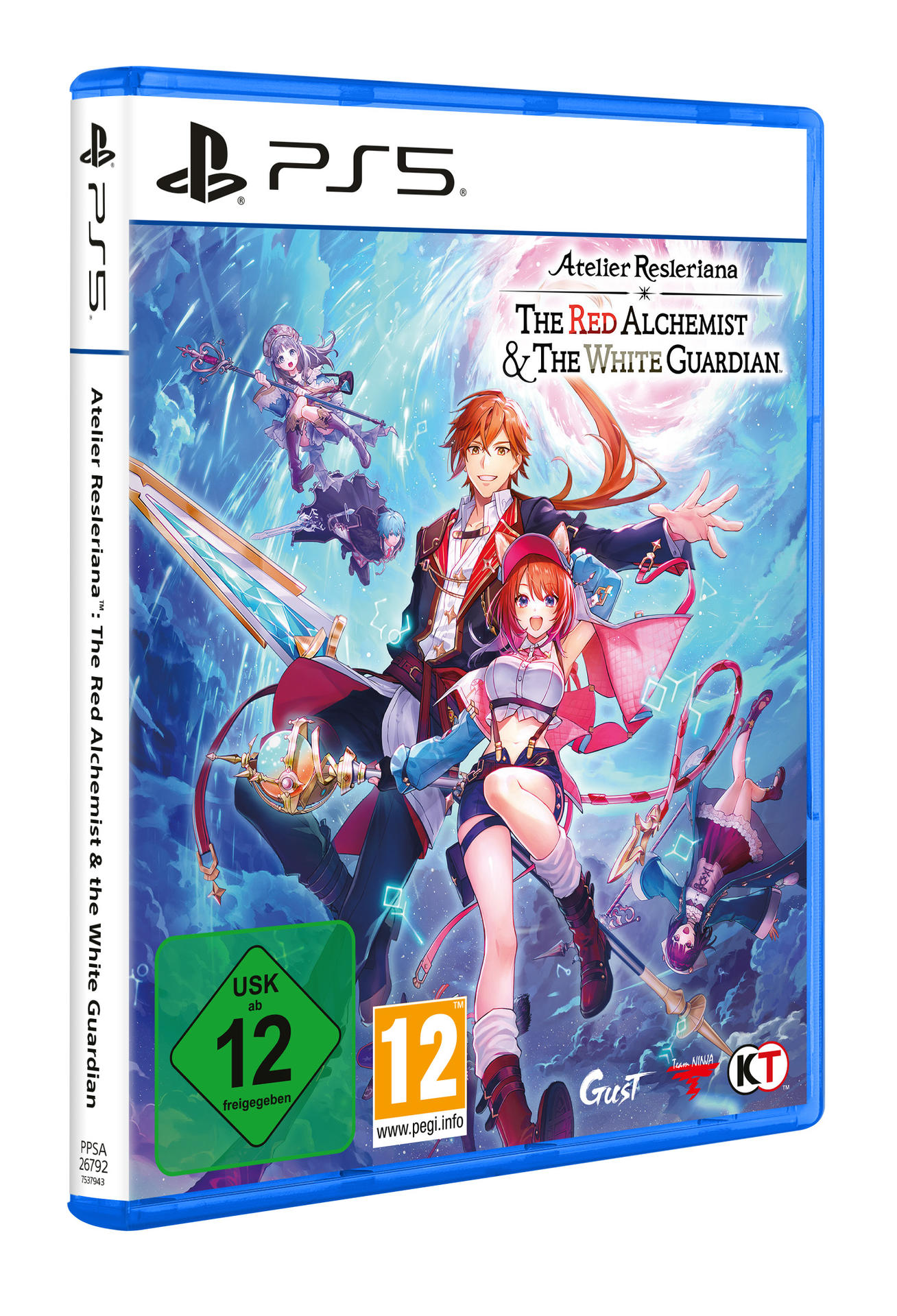 PS5-Spielbox-Art. Charaktere mit roten und weißen Haaren, Titel: The Red Alchemist & The White Guardian, blauer Hintergrund, Bewertung 12.