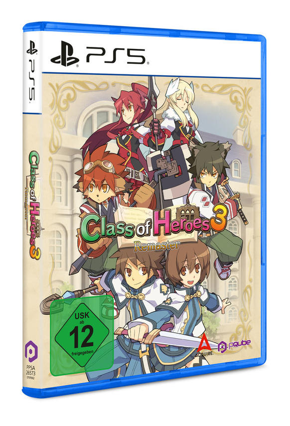 PS5-Spielhülle 'Class of Heroes 3 Remaster' mit Anime-Charakteren und USK-12-Siegel.