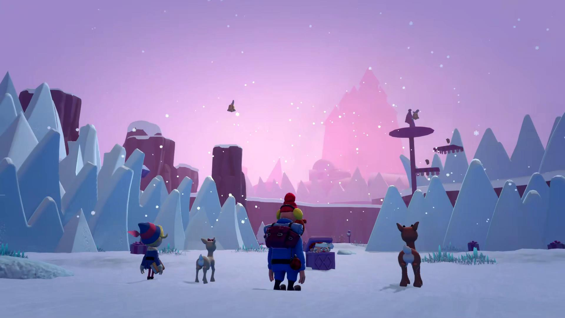 Cartoon-Winterszene mit Figuren, Rehen und Bergen unter rosa Himmel. Schnee fällt. Figuren laufen im Schnee.