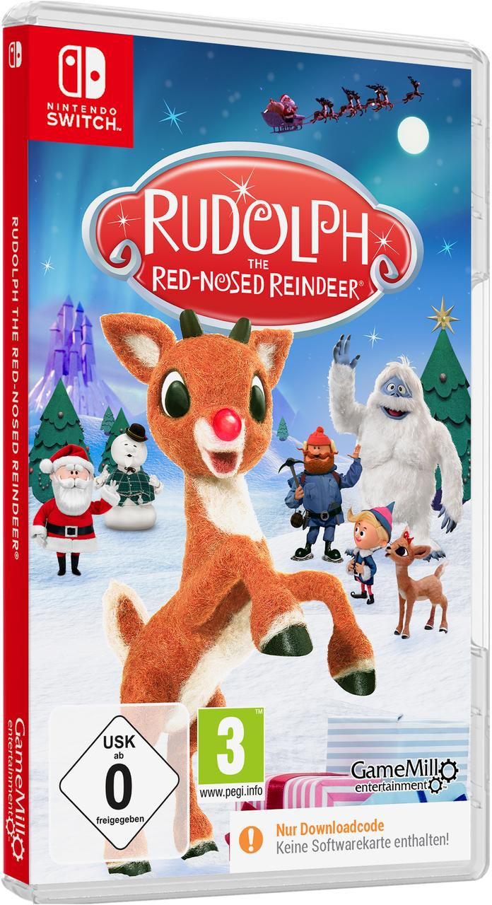 Eine Spielbox von Rudolph, dem Rentier. Sie zeigt Rudolph, den Weihnachtsmann, den Schneemann und andere Charaktere in einer Schneeszene.