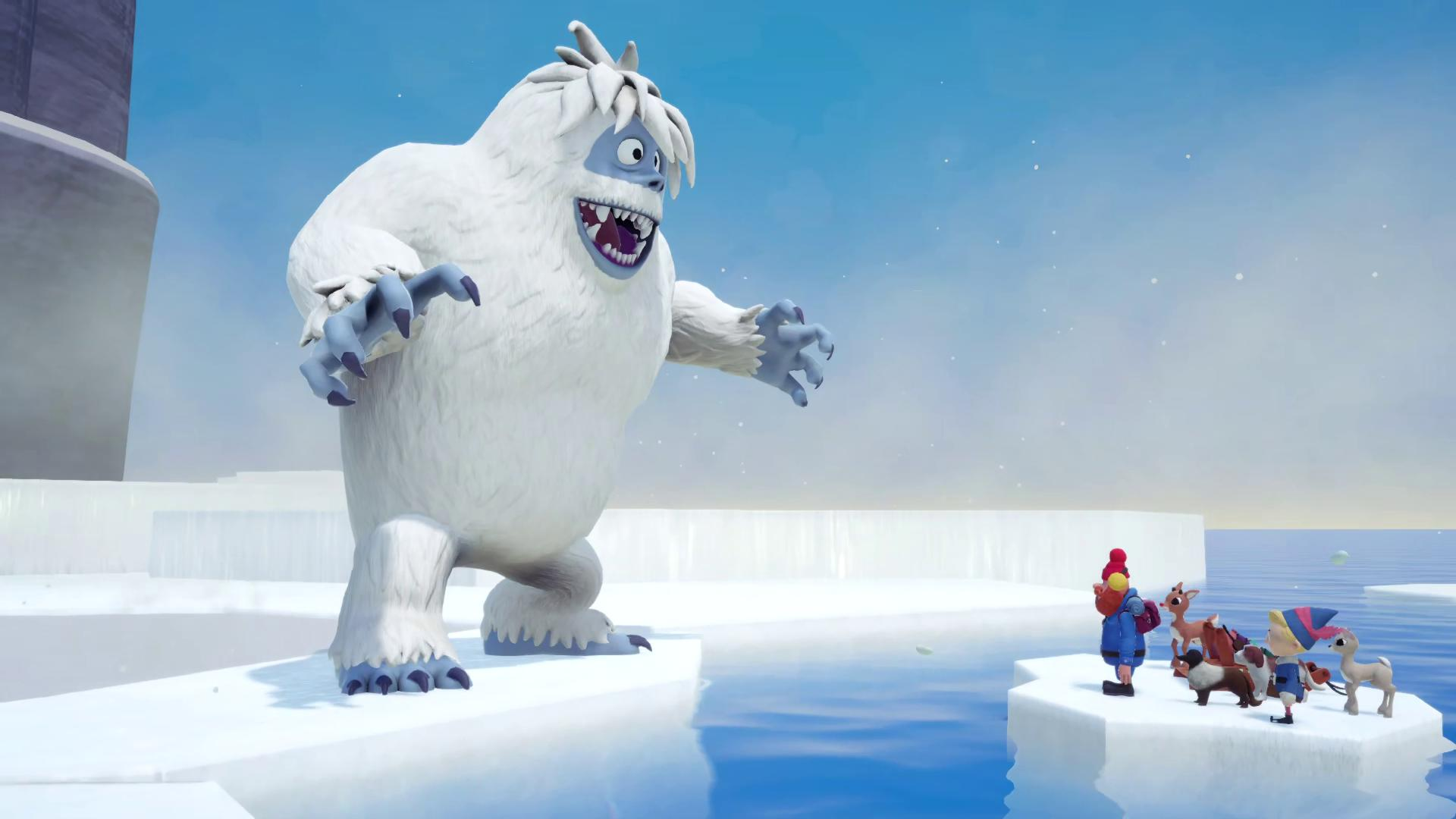 Ein großer, weißer Yeti mit offenem Mund, der eine Gruppe von Charakteren auf einem Eisberg anblickt. Der Himmel ist hellblau.