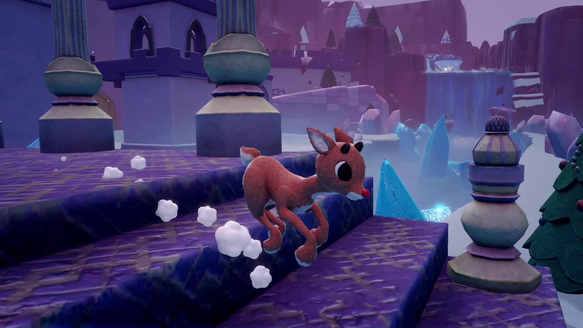 Rudolph, das Rentier mit der roten Nase, rennt auf einer lila Plattform. Gebäude und ein Wasserfall sind im Hintergrund.