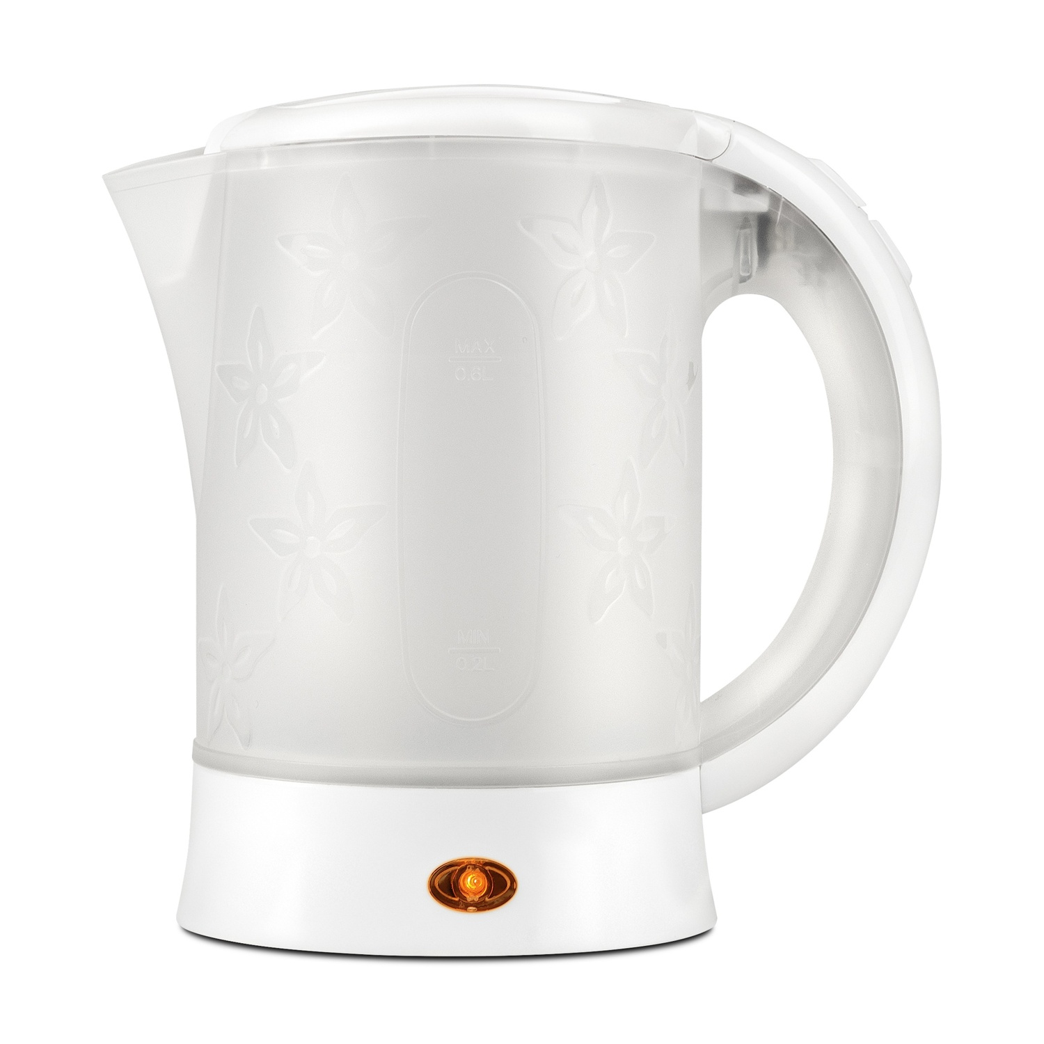 Bollitore elettrico bianco con motivi floreali. Ha un manico e una base con luce arancione.