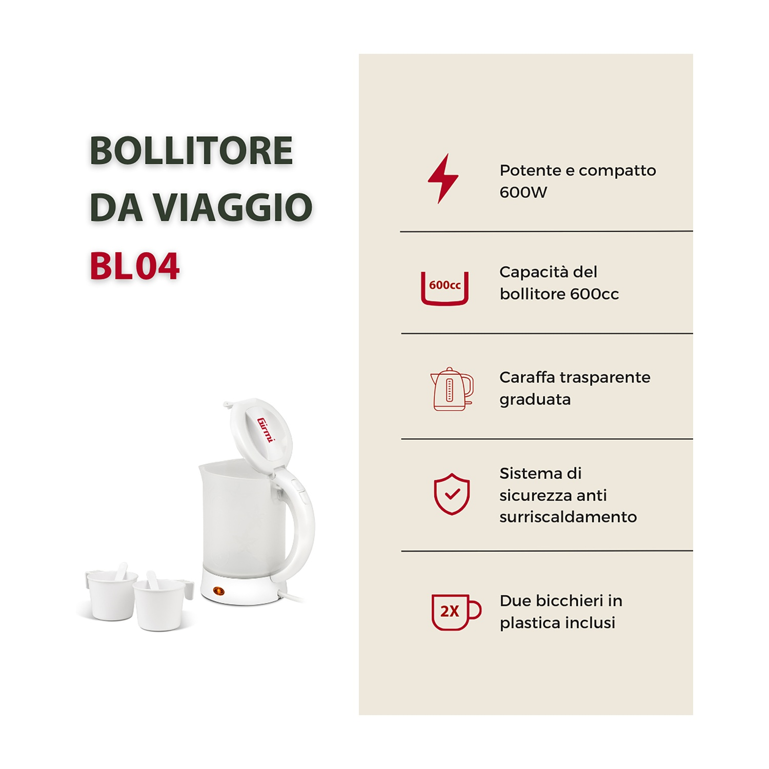 Un bollitore da viaggio bianco con due tazze. Il testo descrive: 600W, capacità 600cc, caraffa trasparente, sistema di sicurezza, due tazze.