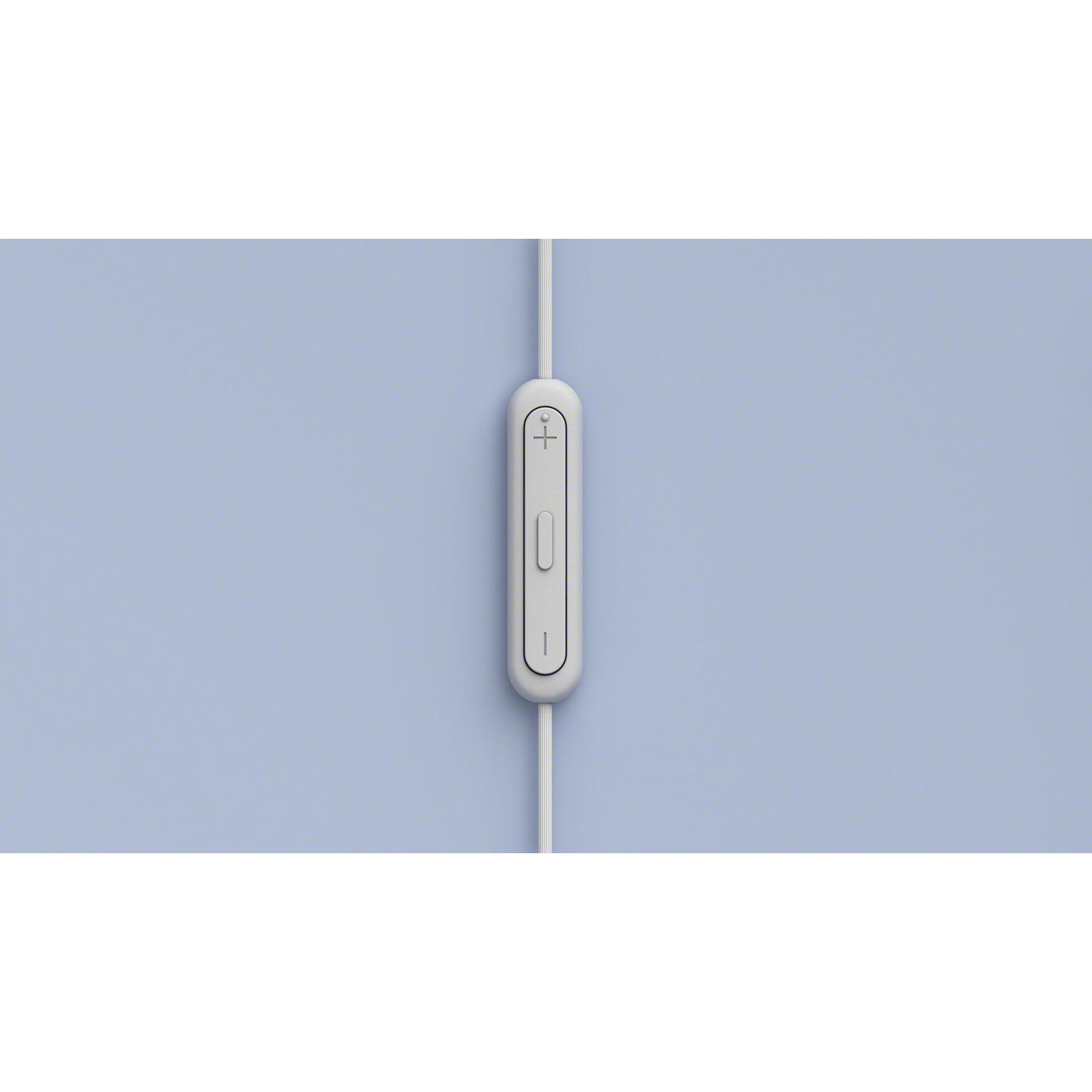 A white headset control with plus and minus symbols on a light blue background.