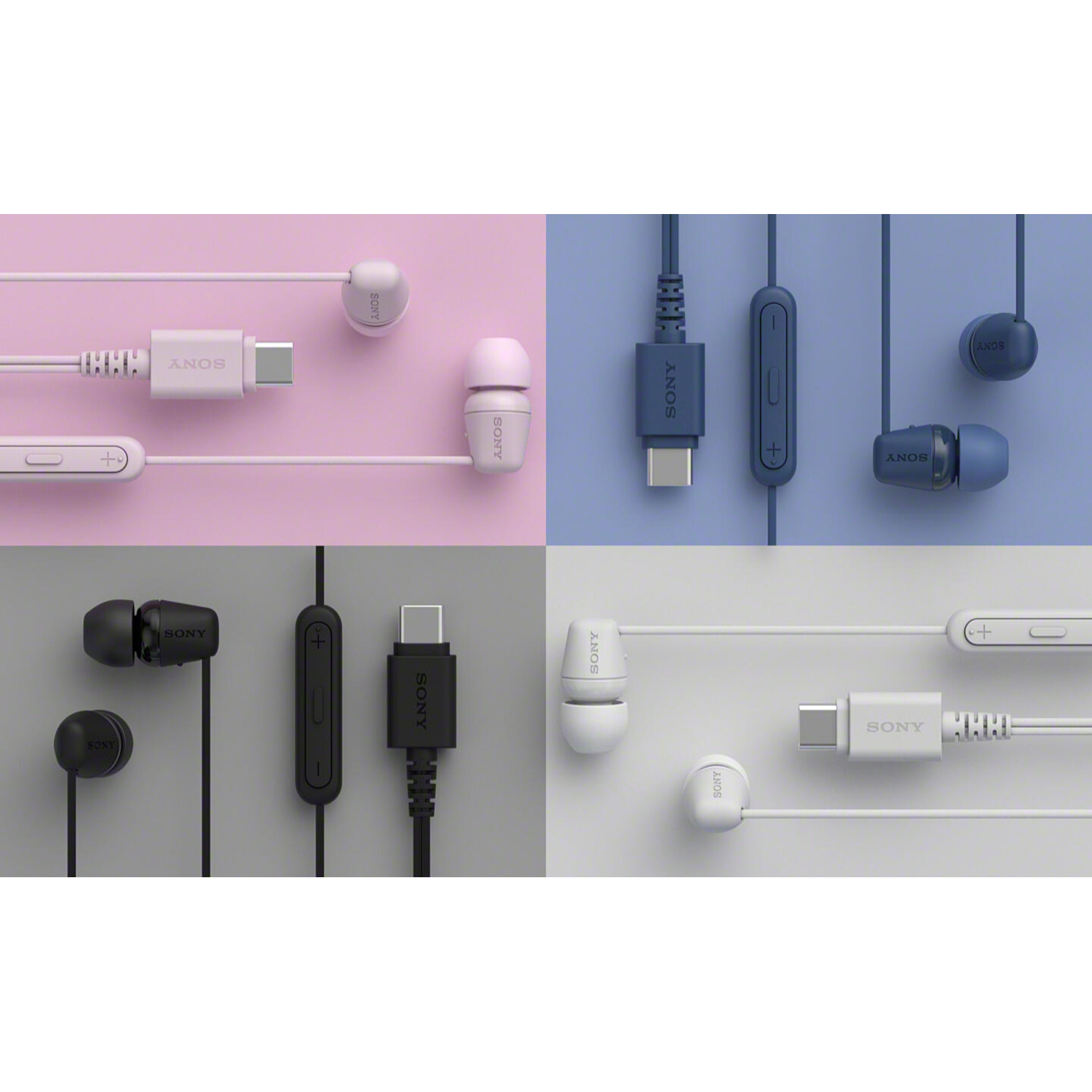 Image shows four sets of Sony earbuds in pink, blue, black, and white. Each set includes earbuds, a USB-C connector, and a volume control.