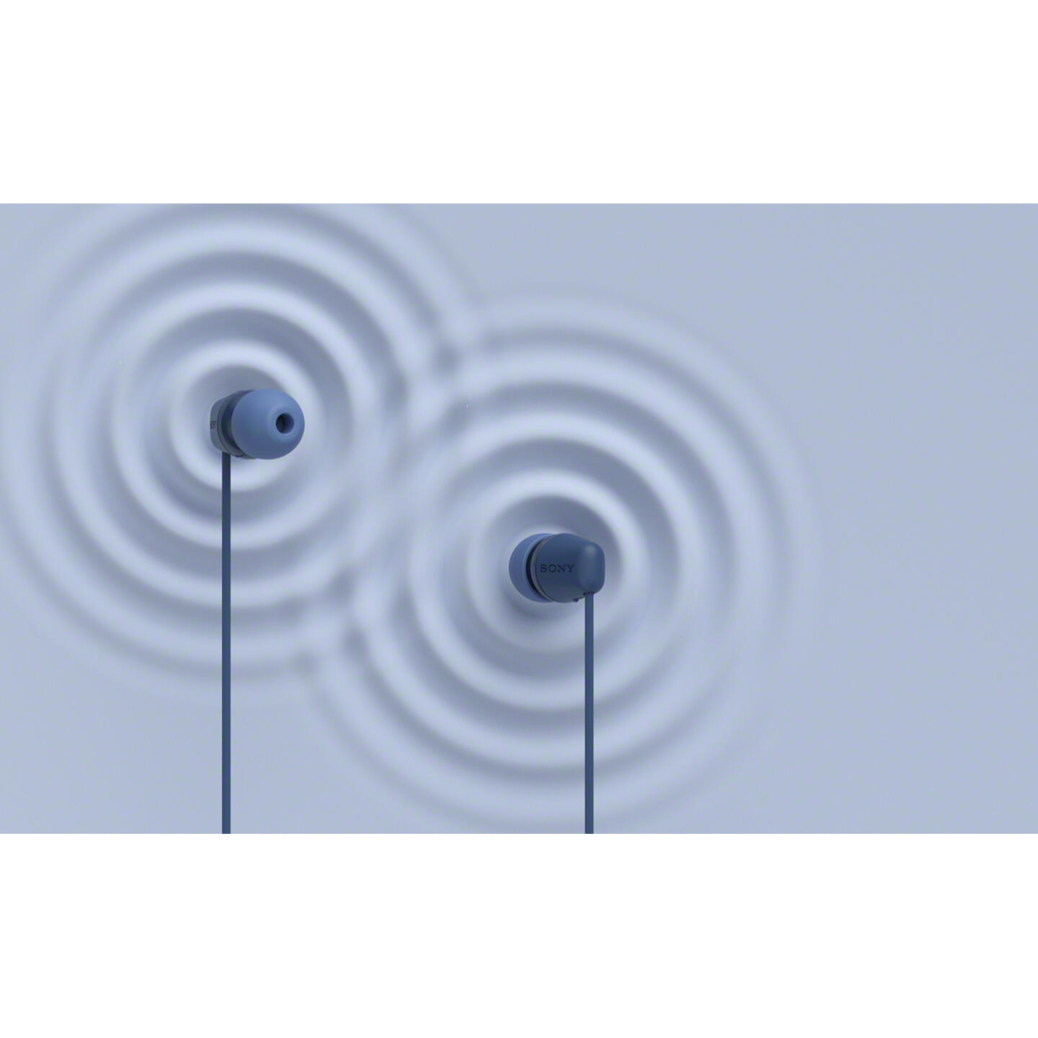 Two blue Sony earbuds on a blue background with ripple effect. The earbuds are connected by a blue wire.