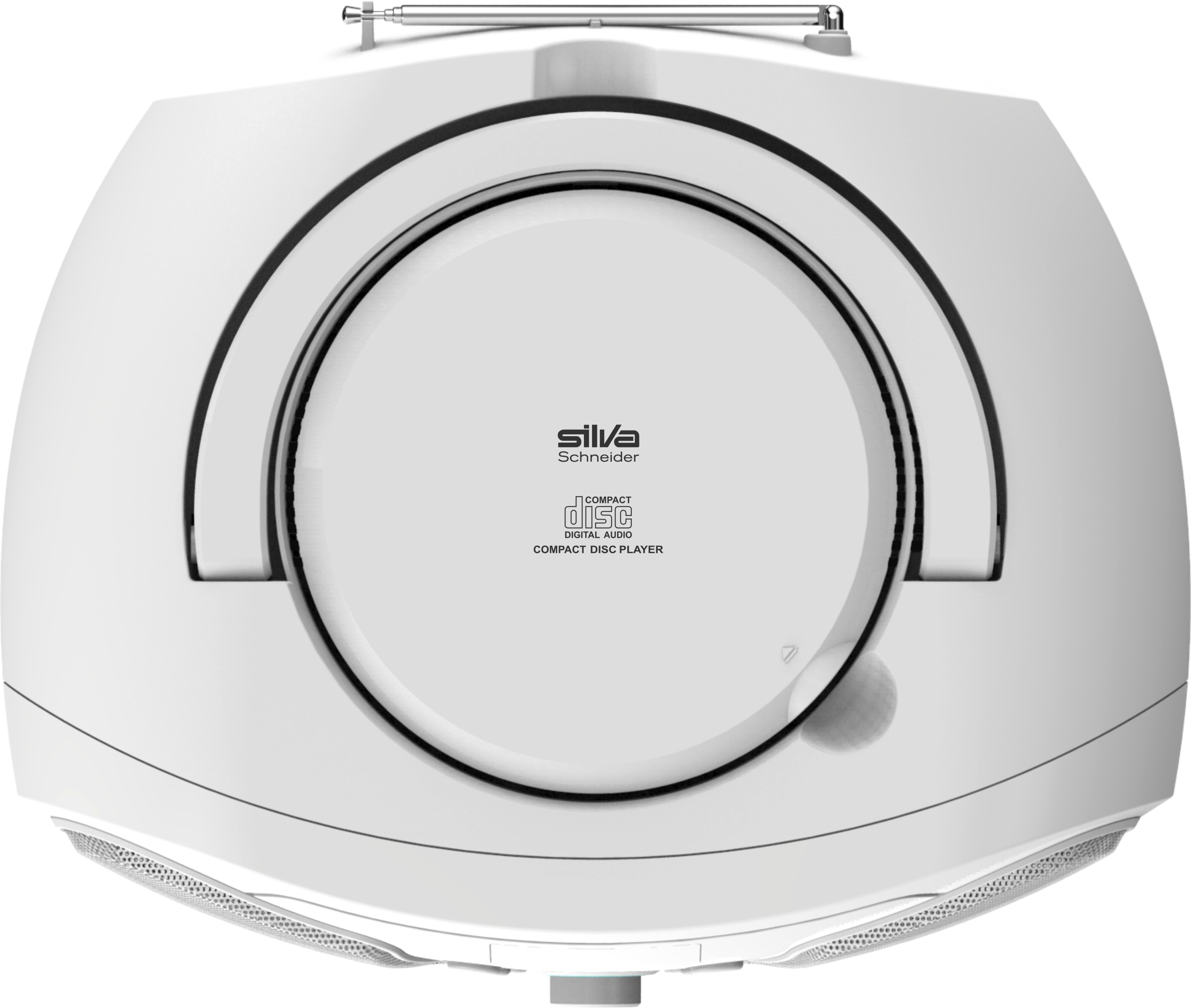 Ein weißer CD-Player mit silberner Antenne. Die Marke ist Silva Schneider. Die CD-Tür ist in der Mitte.