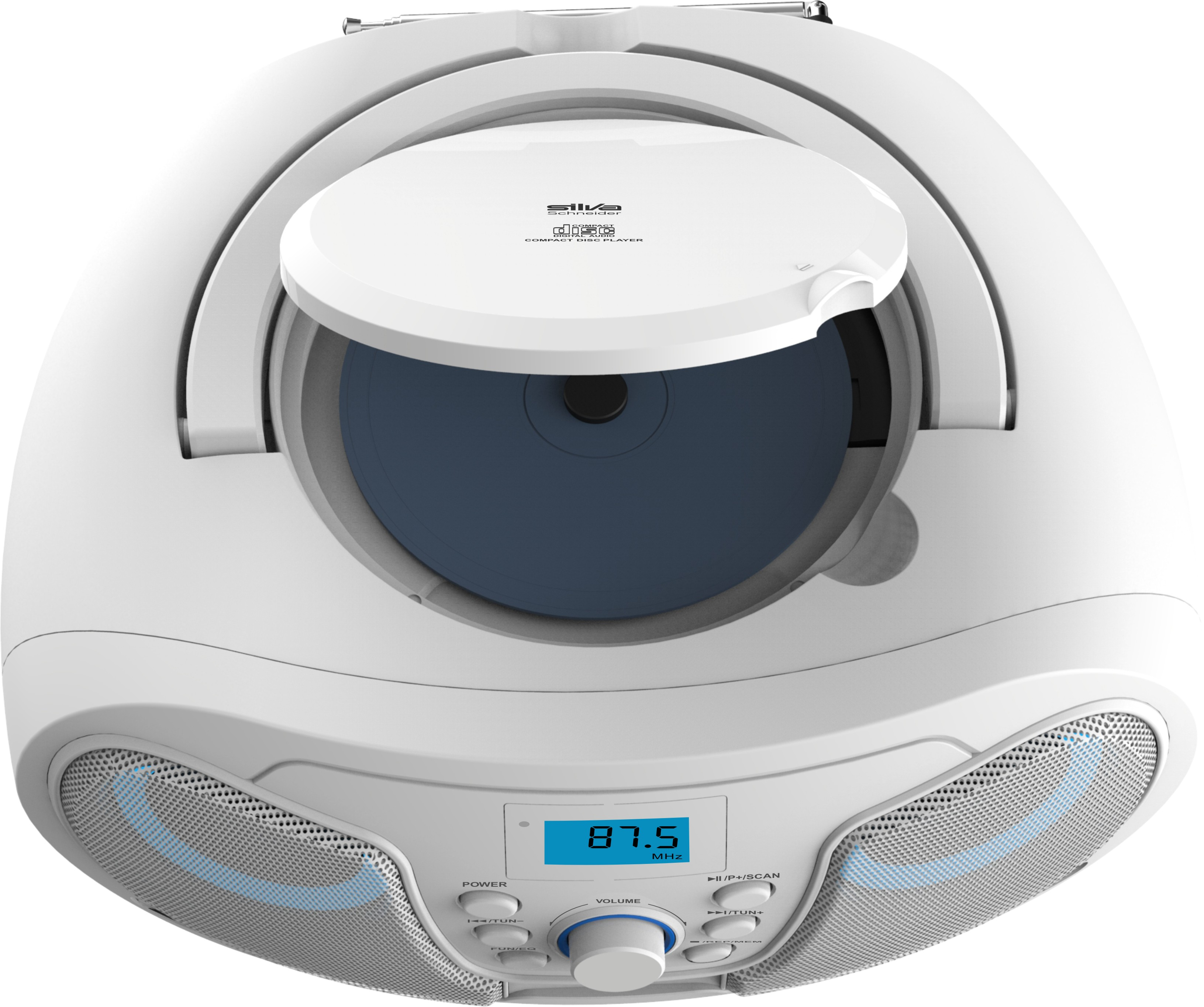 Ein weißer, ovaler CD-Player mit offenem Deckel, der eine CD freigibt. Er hat ein Digitaldisplay und Lautsprechergitter.