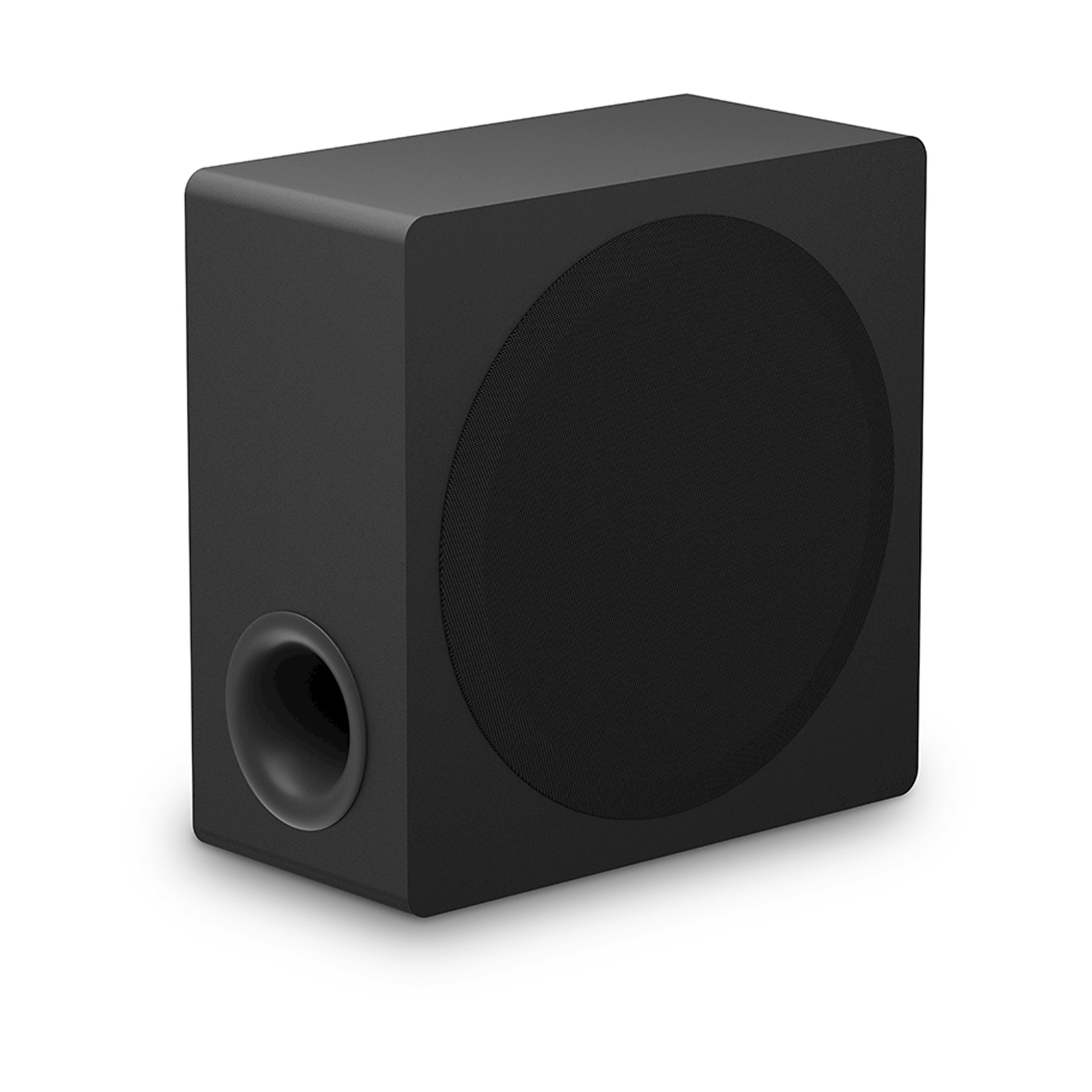 Un subwoofer nero con altoparlante circolare e porta. È su sfondo bianco e sembra nuovo.