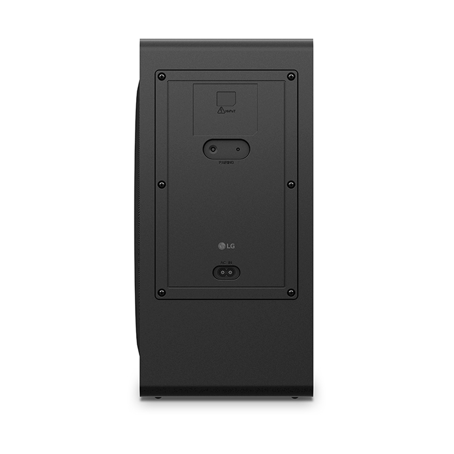 Pannello posteriore nero dell'altoparlante. Ha porte di ingresso, pulsante di accoppiamento e il logo LG. Su sfondo bianco.