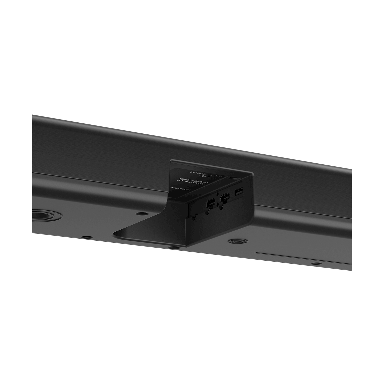 Soundbar nera con porte e staffa, che mostra HDMI e altri slot di ingresso. La superficie è scura e strutturata.