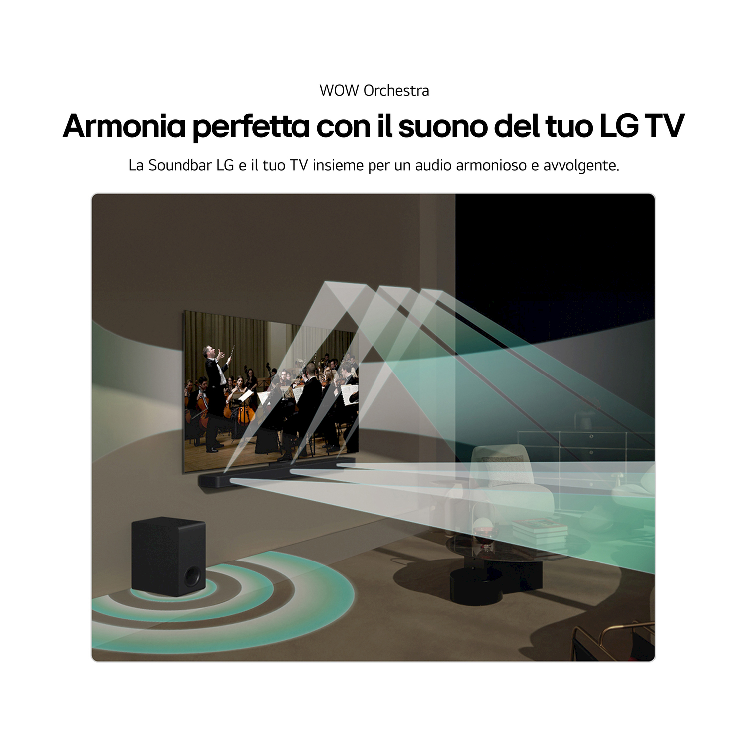 Un TV LG mostra un'orchestra. Una soundbar e un subwoofer sono in primo piano. Le onde sonore provengono dalla TV e dal subwoofer.
