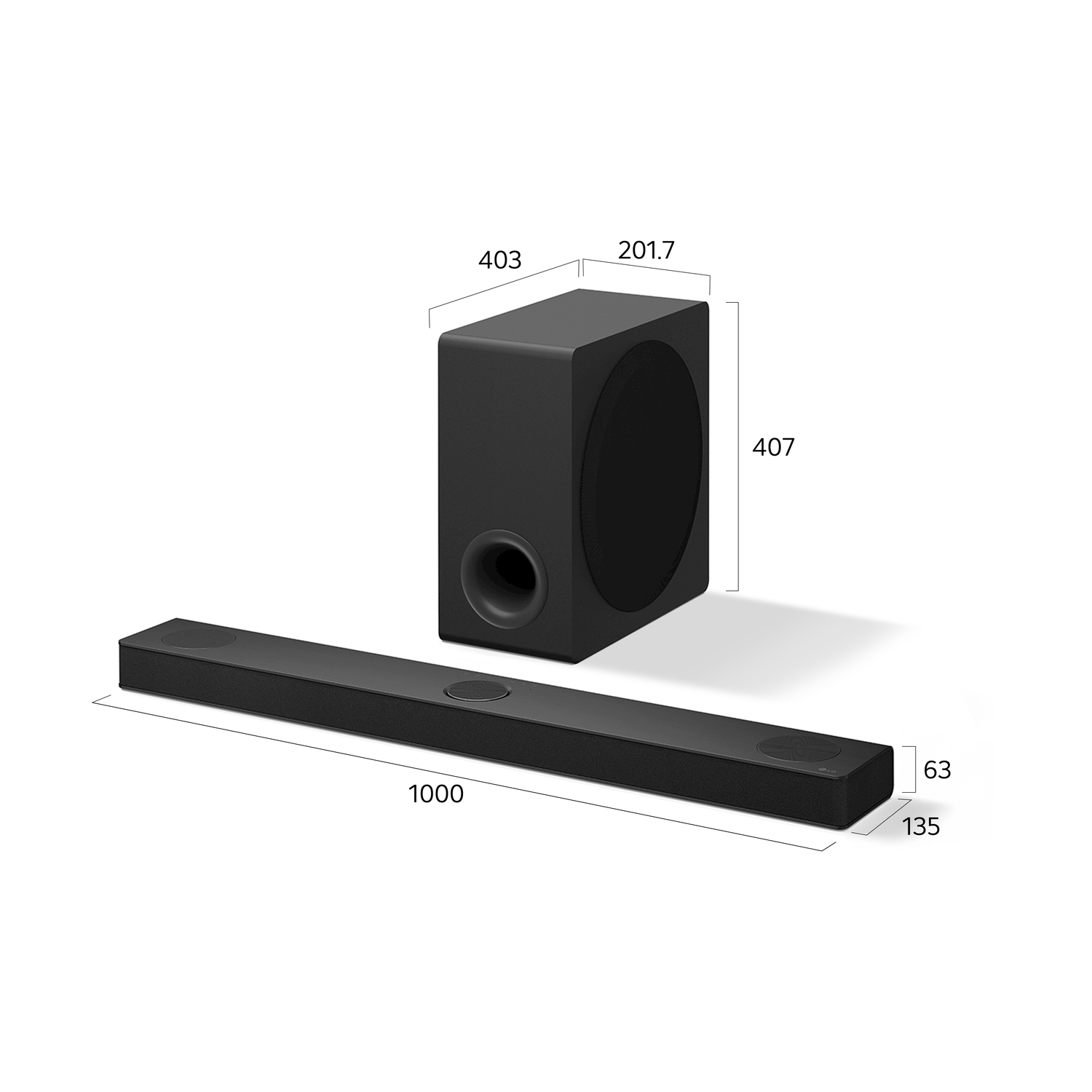 Una soundbar e un subwoofer neri con dimensioni in millimetri. La soundbar è lunga e rettangolare. Il subwoofer è un cubo.