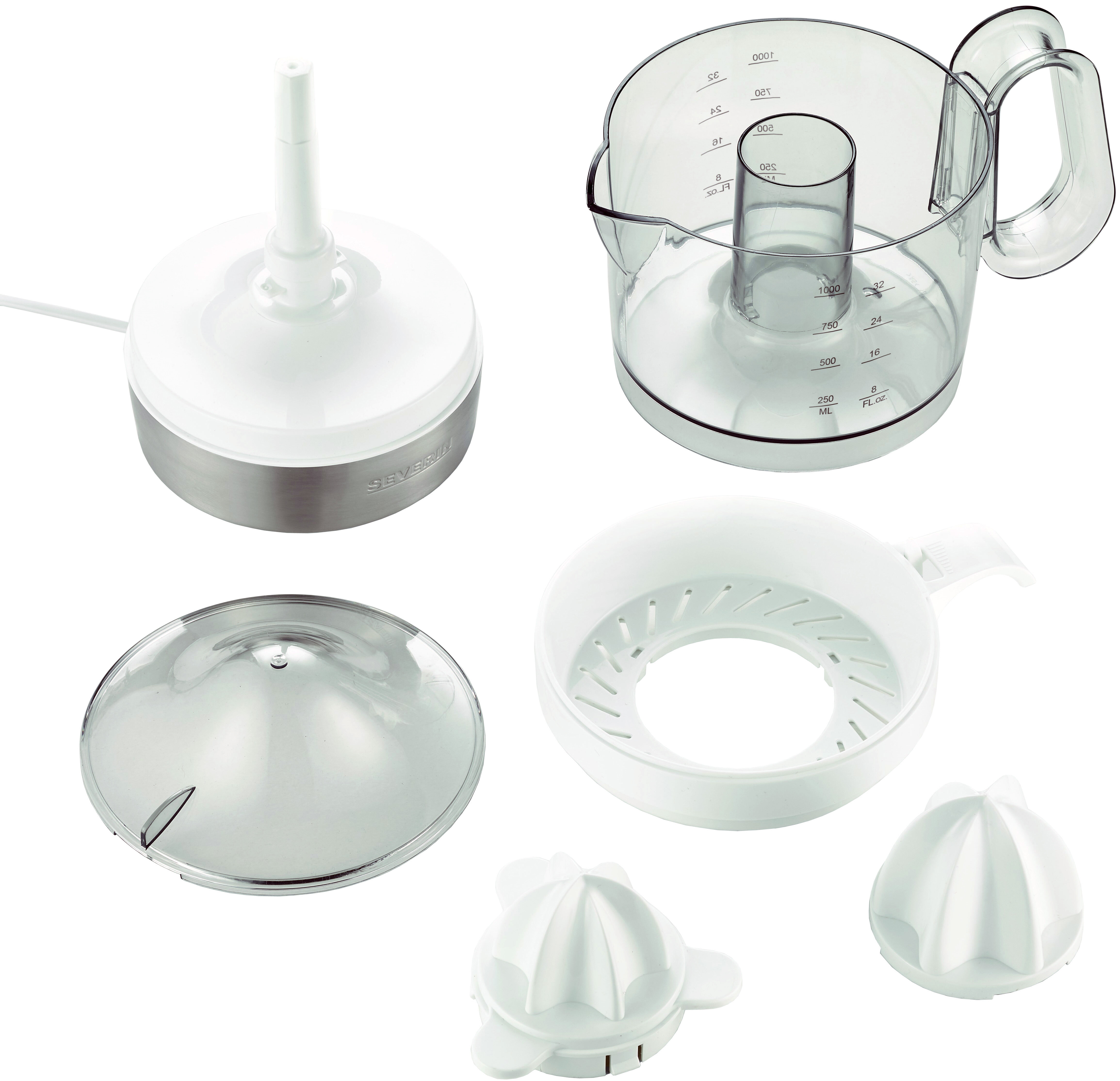 Widok rozłożony wyciskarki do cytrusów Severin. Ma białą podstawę ze spodem ze stali nierdzewnej i kilka przezroczystych plastikowych elementów.
