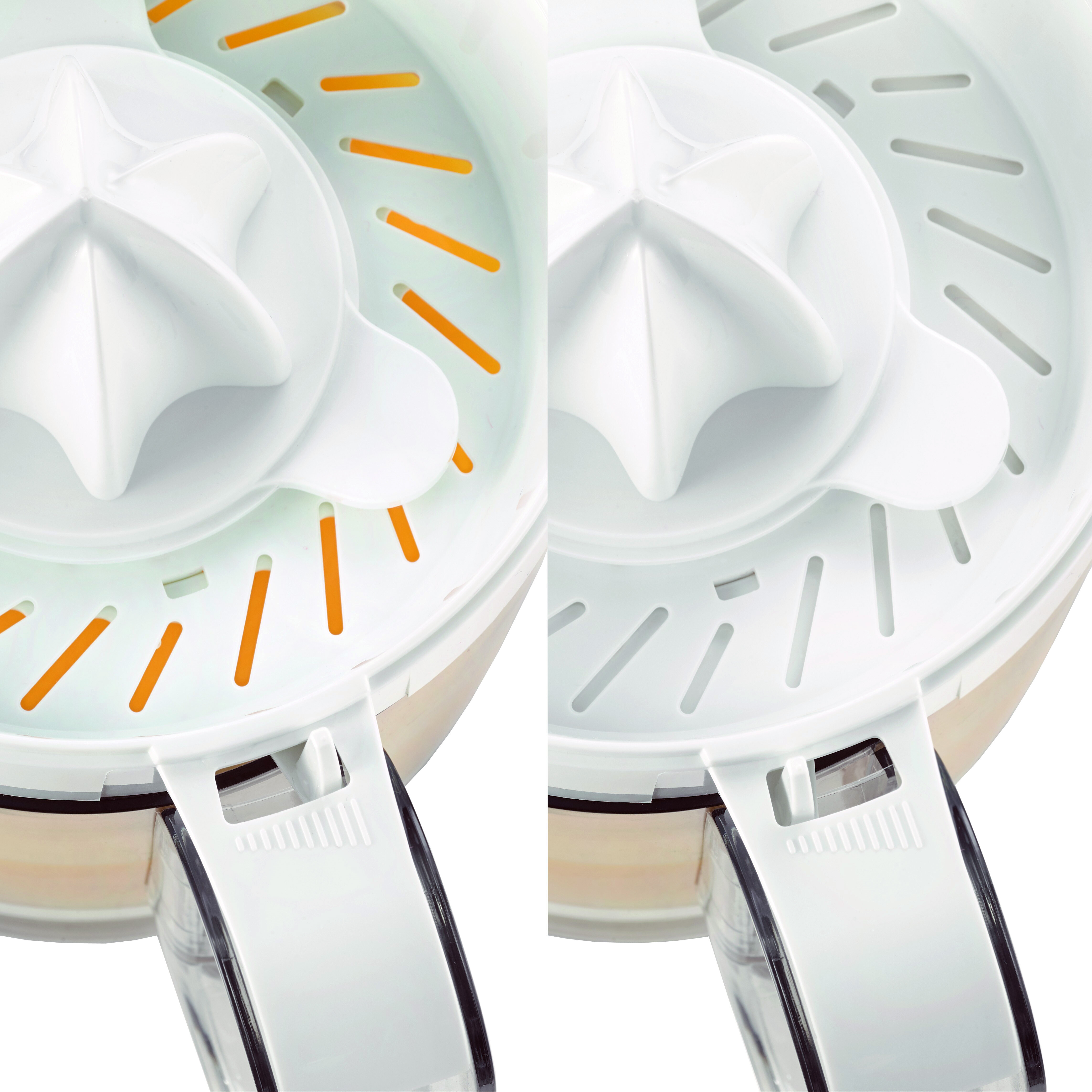 Zbliżenie białej wyciskarki do cytrusów. Wyciskarka ma żebrowaną górę, rozwieraczkę i przezroczysty pojemnik.