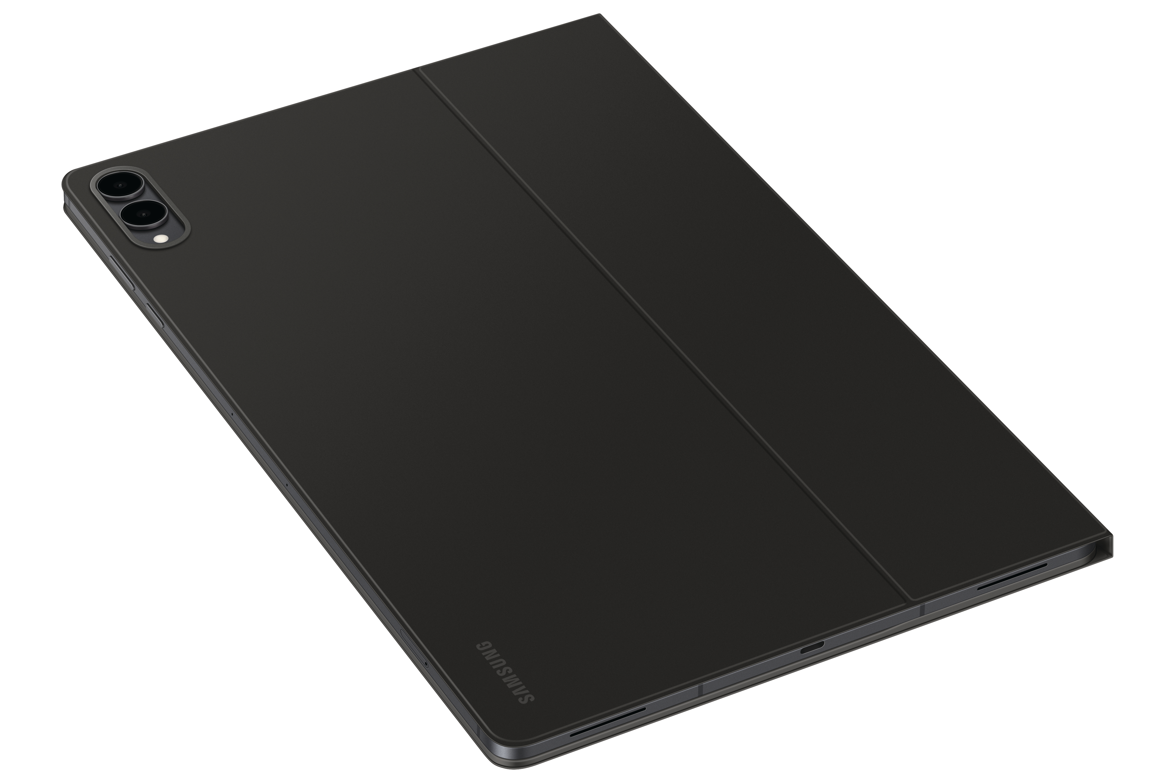 Schwarzes Tablet mit Hülle. Zwei Kameras oben links. Samsung-Logo unten. Die Hülle ist gefaltet.
