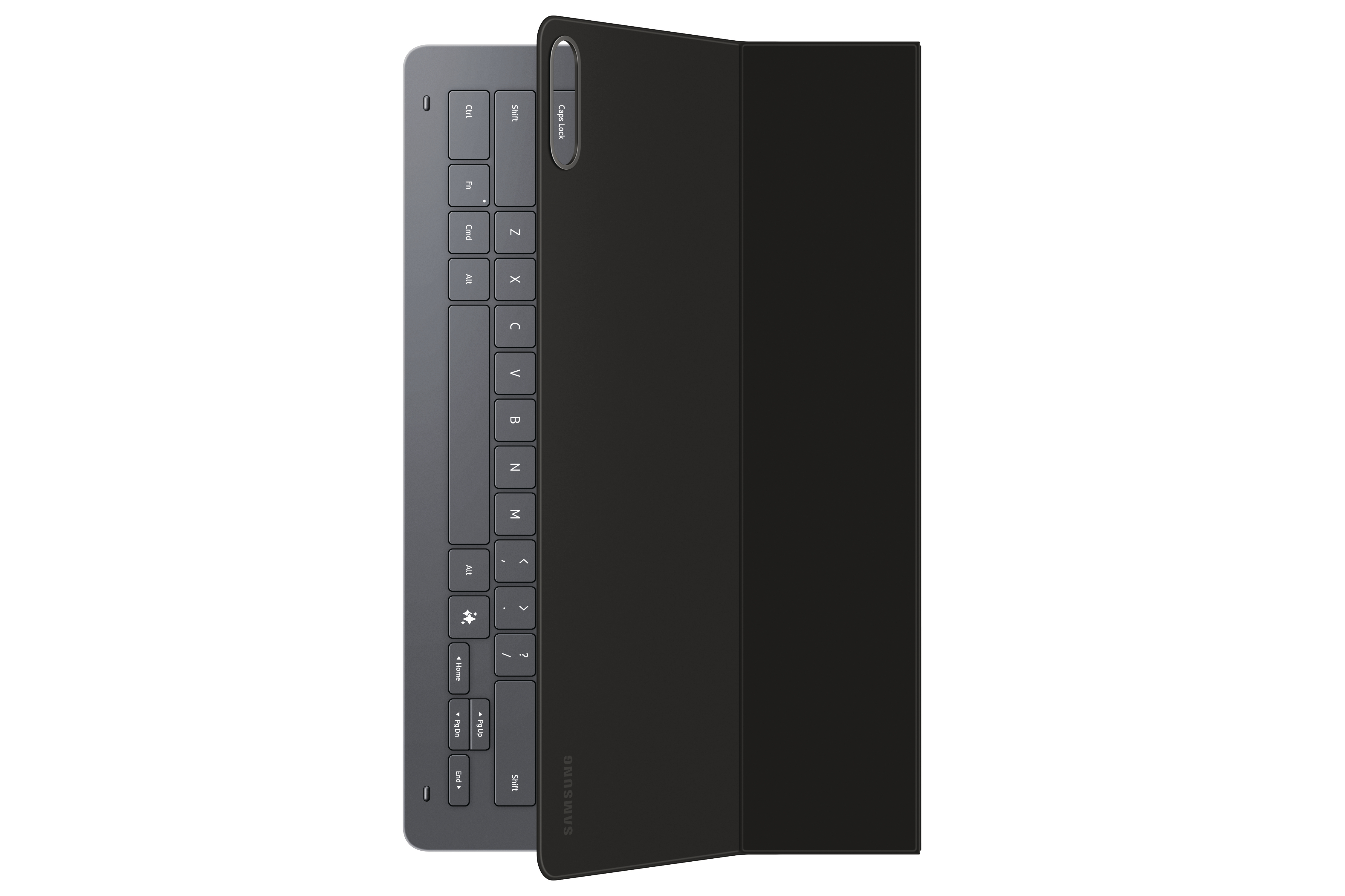 Abgebildet ist ein Samsung Tablet-Tastatur-Case. Es ist schwarz mit einer grauen Tastatur. Das Samsung-Logo ist sichtbar.