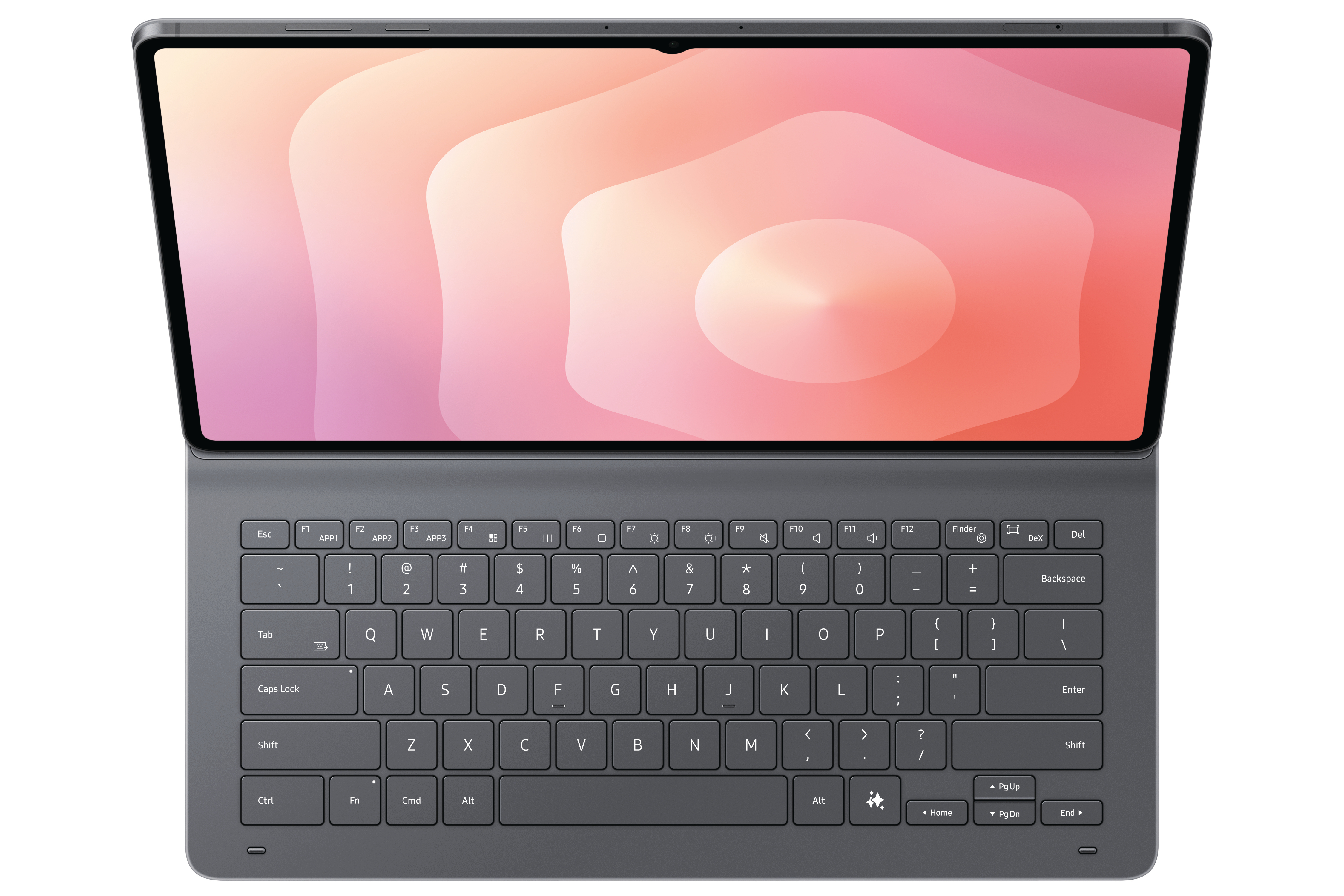 Laptop mit Tastatur. Bildschirm zeigt abstraktes Design in Pink und Orange. Schwarze Tastatur.