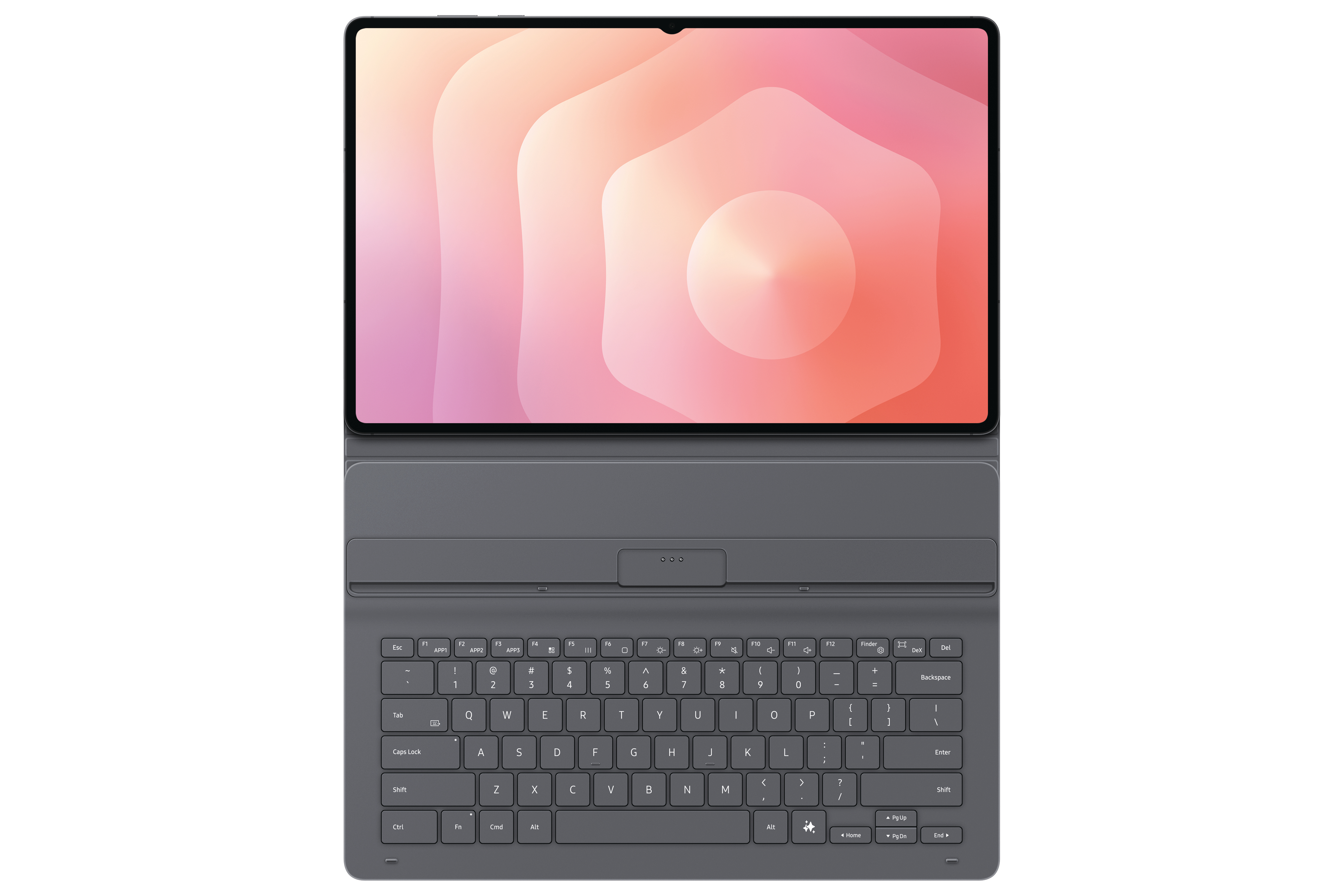 Tablet mit Tastaturhülle. Der Bildschirm zeigt ein abstraktes Design in Rot und Rosa. Graue Tastatur unten.