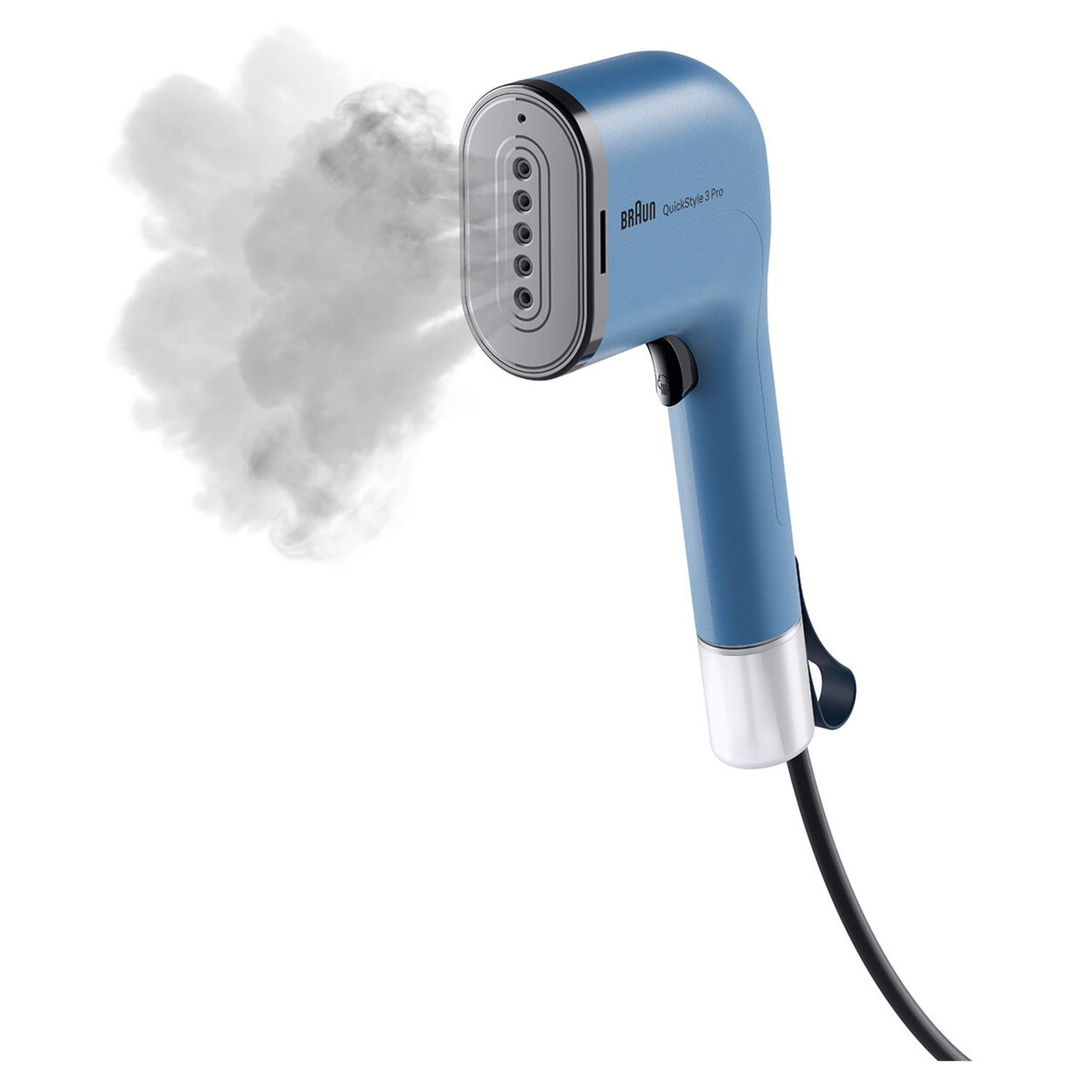 Een blauwe Braun QuickStyle 3 Pro handstomer. Stoom komt uit de kop. Zwart snoer loopt van de basis.