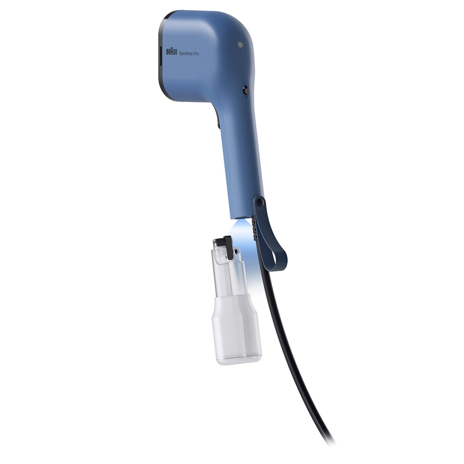 Een blauwe Braun QuickStyle 3 Pro. Het is een handstomer met een afneembaar, transparant waterreservoir en een zwart netsnoer.