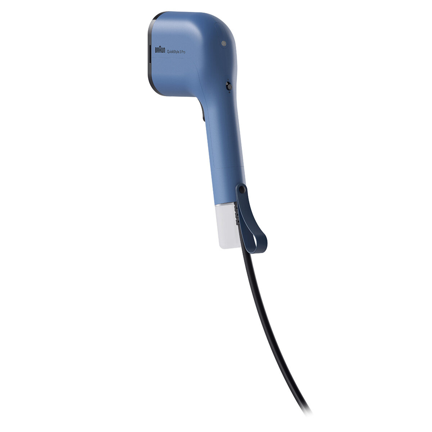 Een blauwe Braun QuickStyle 3 Pro haarstyler met zwarte kabel en wit label tegen een witte achtergrond.
