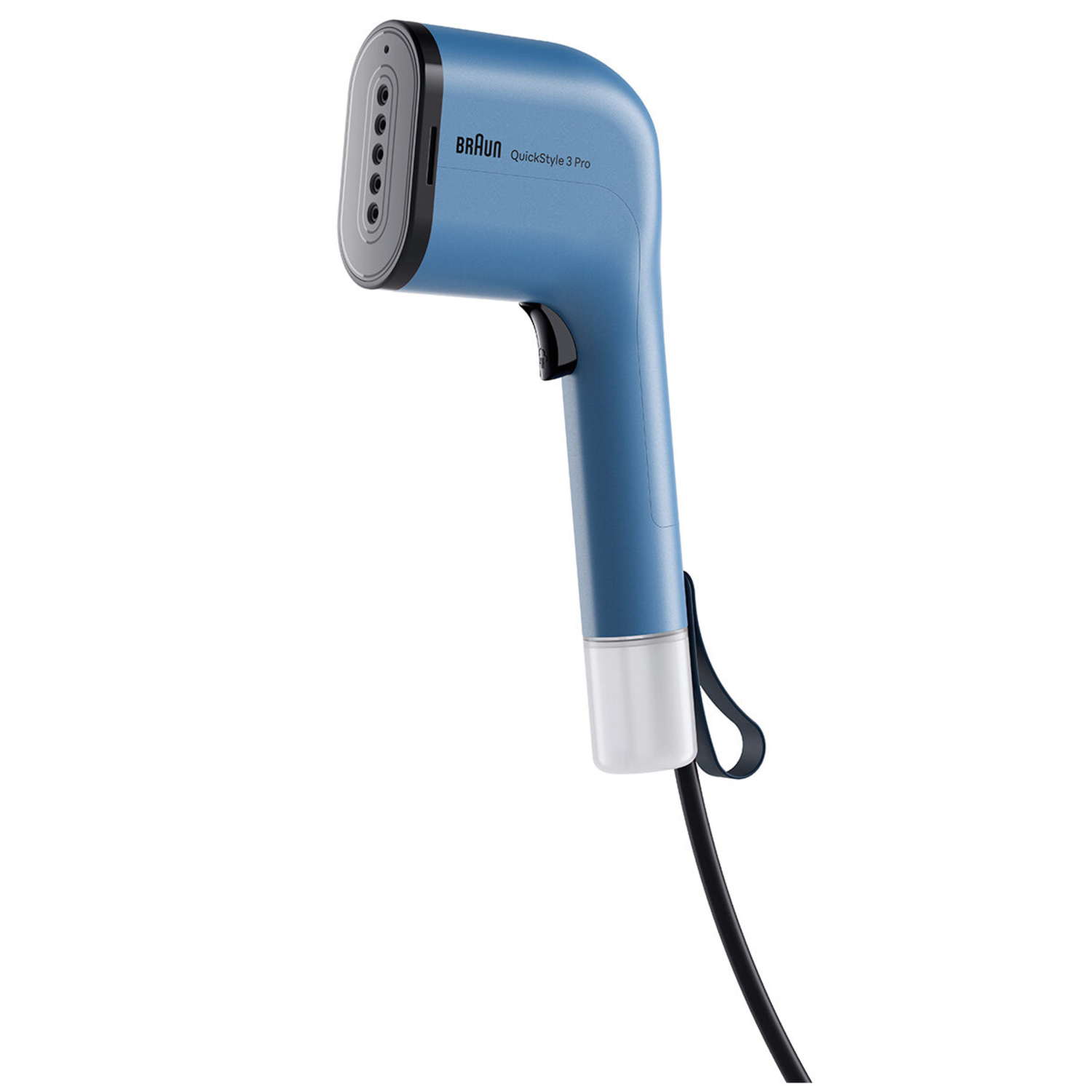 Een blauwe Braun QuickStyle 3 Pro steamer op witte achtergrond. Het heeft een grijze stoomkop, een handvat en een zwart netsnoer.