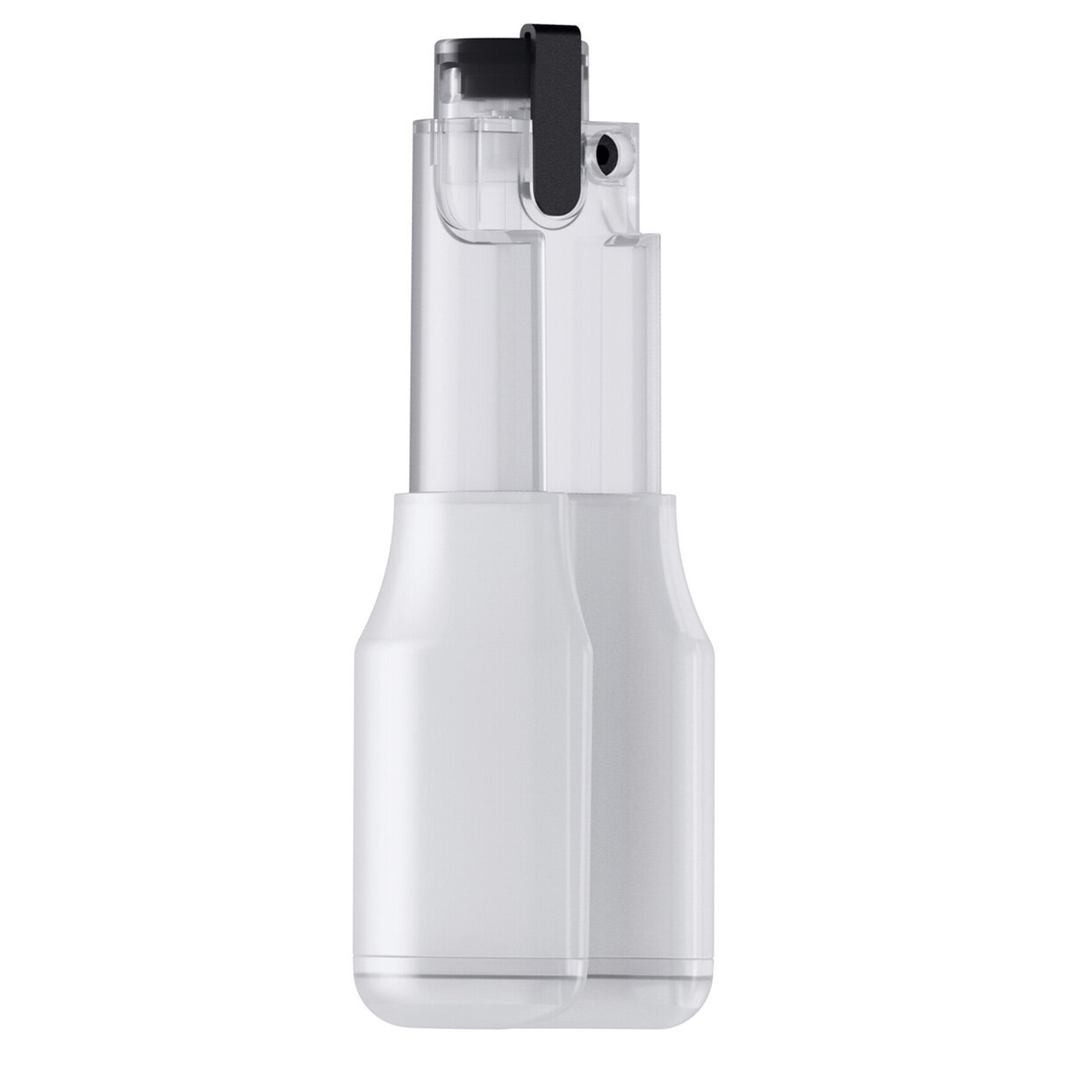 Een doorzichtig plastic apparaat met een zwarte handgreep. Het apparaat heeft een witte, bolvormige basis en een transparant bovendeel.