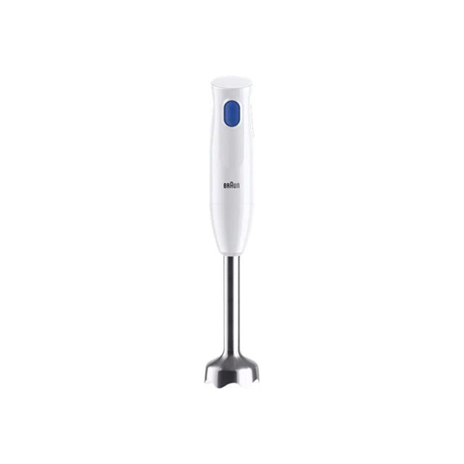 A white Braun hand blender with a blue button, silver shaft and a blade base. The background is white.