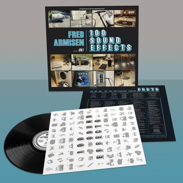 Ein Schallplattenalbumcover mit dem Titel "Fred Armisen 100 Sound Effects". Die Schallplatte ist schwarz mit einer weißen Hülle.