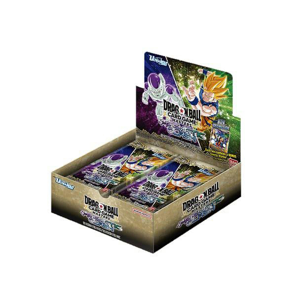 Eine Dragon Ball-Kartenspielbox. Die Box enthält Kartenpackungen und eine Werbeausstellung mit Charakteren.