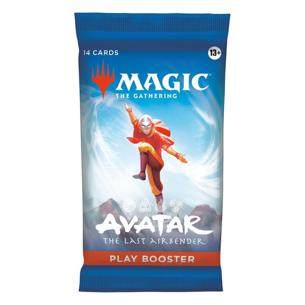 Ein Magic: The Gathering Avatar Booster Pack. Es hat eine blaue Oberseite und zeigt Aang in Aktion mit den Worten „Magic“ und „Avatar“.